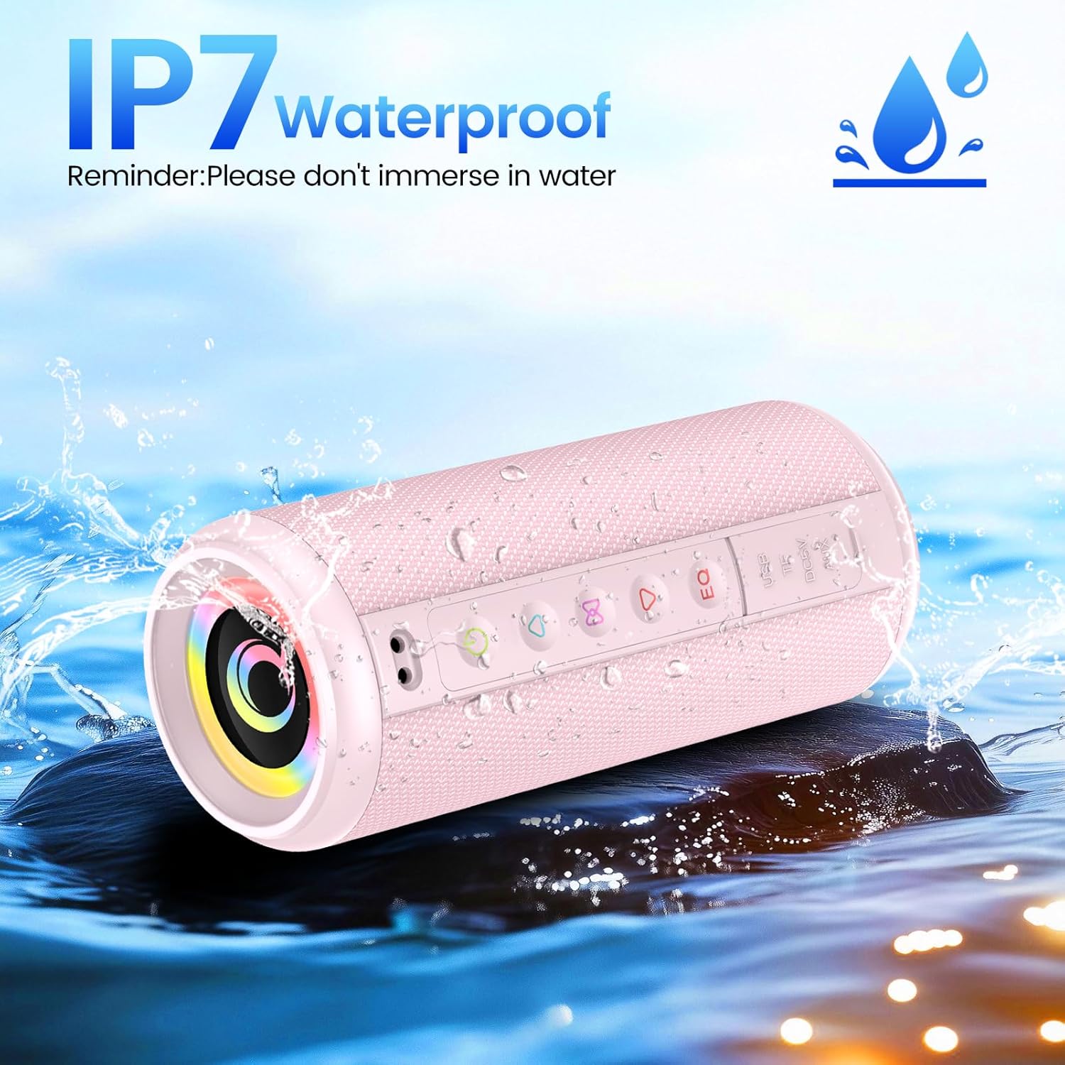xinwld M17 speaker being splashed with water, demonstrating IP7 waterproof rating