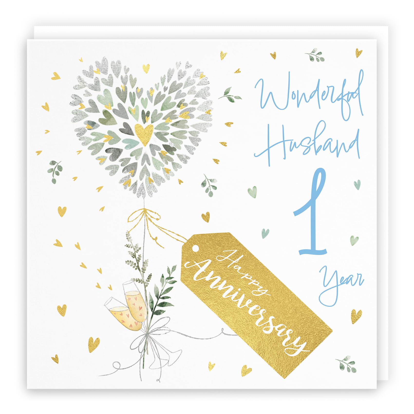 Hunts England, Husband 1st Anniversary Card, 1 Year Husband, Contemporary Hearts, Gold Foil