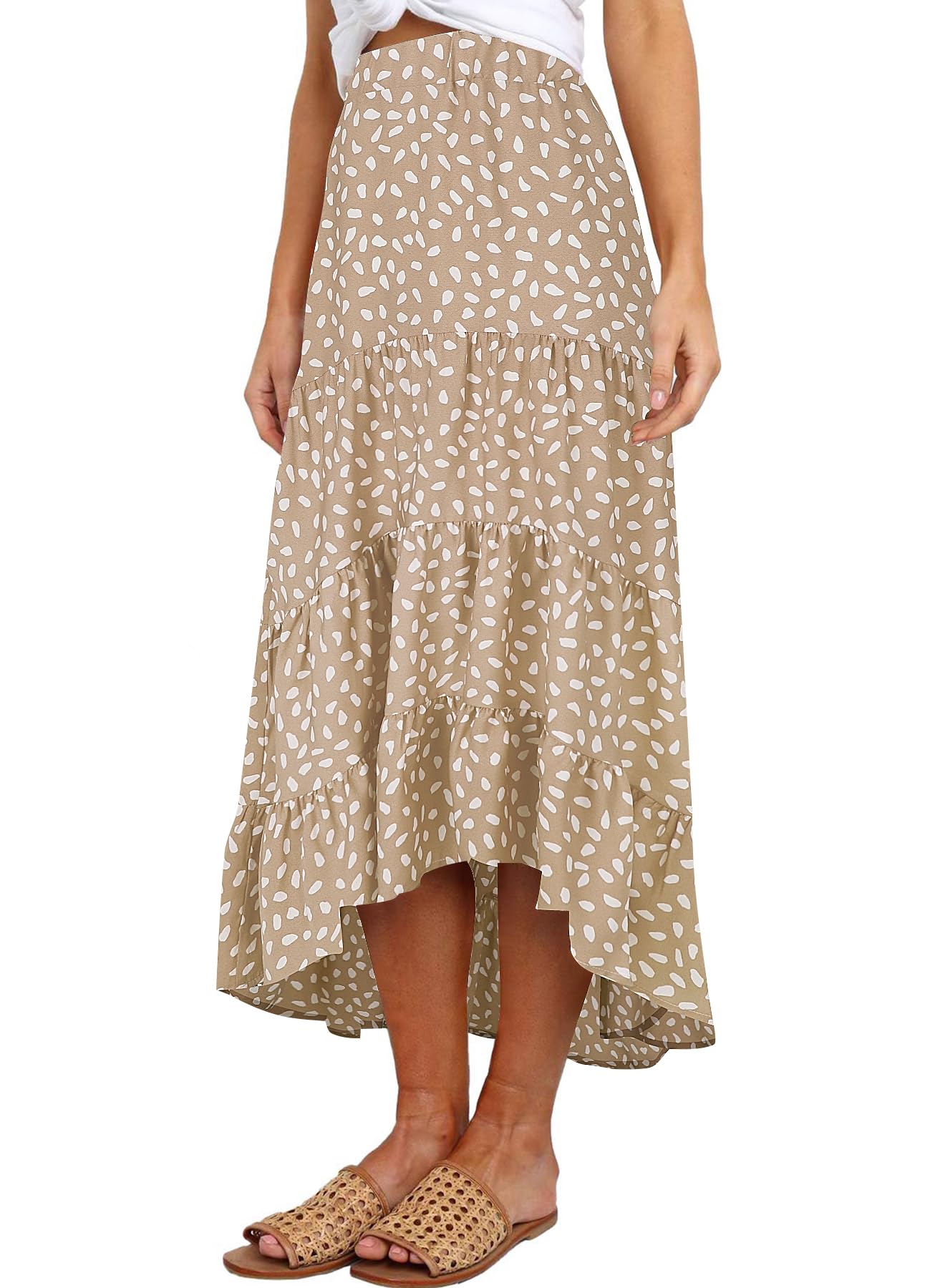 SimpleFun Women's Long Skirts Boho Floral Elastic High Waist Asymmetrical Hem Midi Skirt