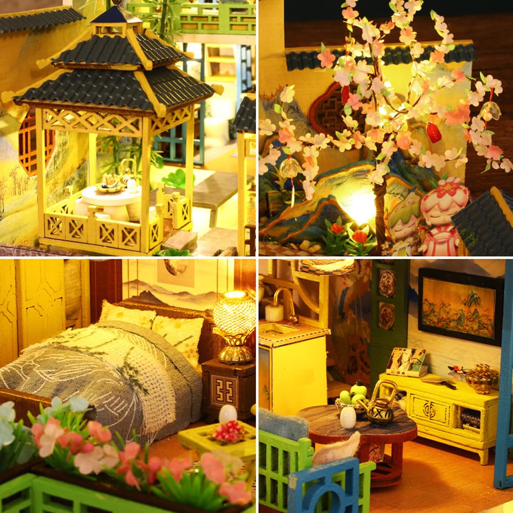 Casa de muñecas en miniatura de estilo chino de tres pisos, muebles de madera, kit de casa de muñecas DIY con habitación creativa LED, regalo para adultos, adolescentes y niños
