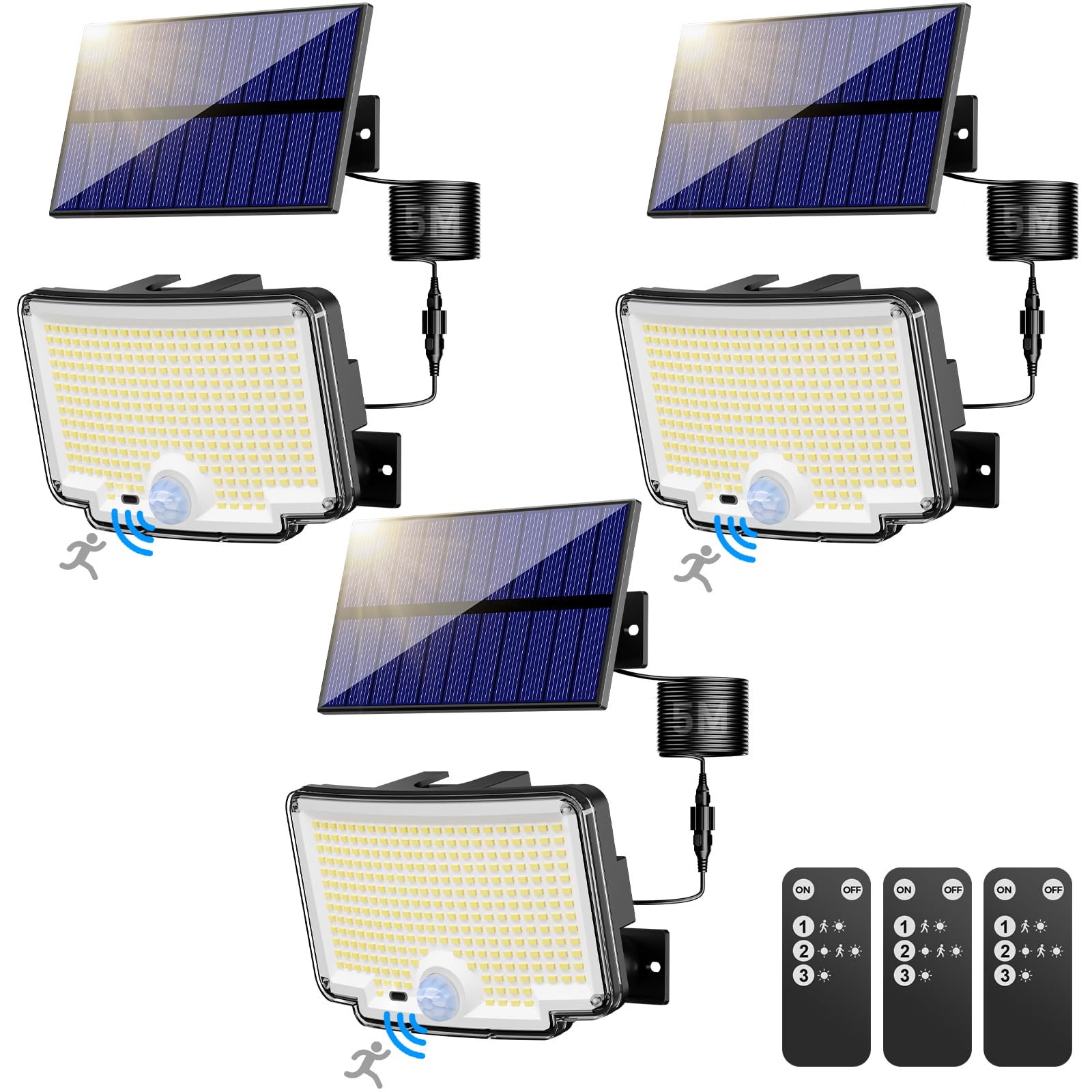 nipify 3 Stück Solarlampen für Außen mit Bewegungsmelder, 310 LED Super Helle 3 Modi Solarleuchte Aussen mit 270° Weitwinkelbeleuchtung, IP65 Wasserdichte Solar Wandleuchte mit 5M Kabel für Garten