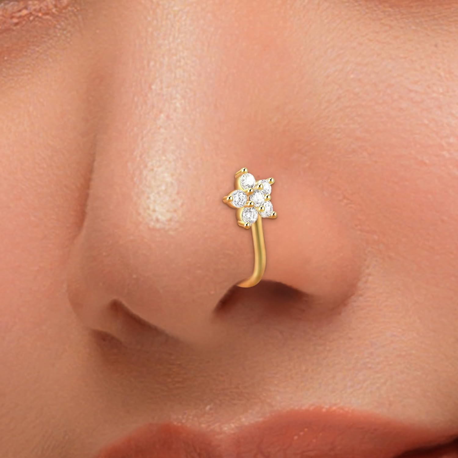 1PC 925 Sterling Silver Fake Nose Ring for Women Flower Leaf Cubic Zirconia U Shaped 14K Gold Plated Lucky Leaf Nose Cuffs Sparkling Non-Piercings Clip On Nose Hoop Body Graduation Wedding Jewelry Gifts