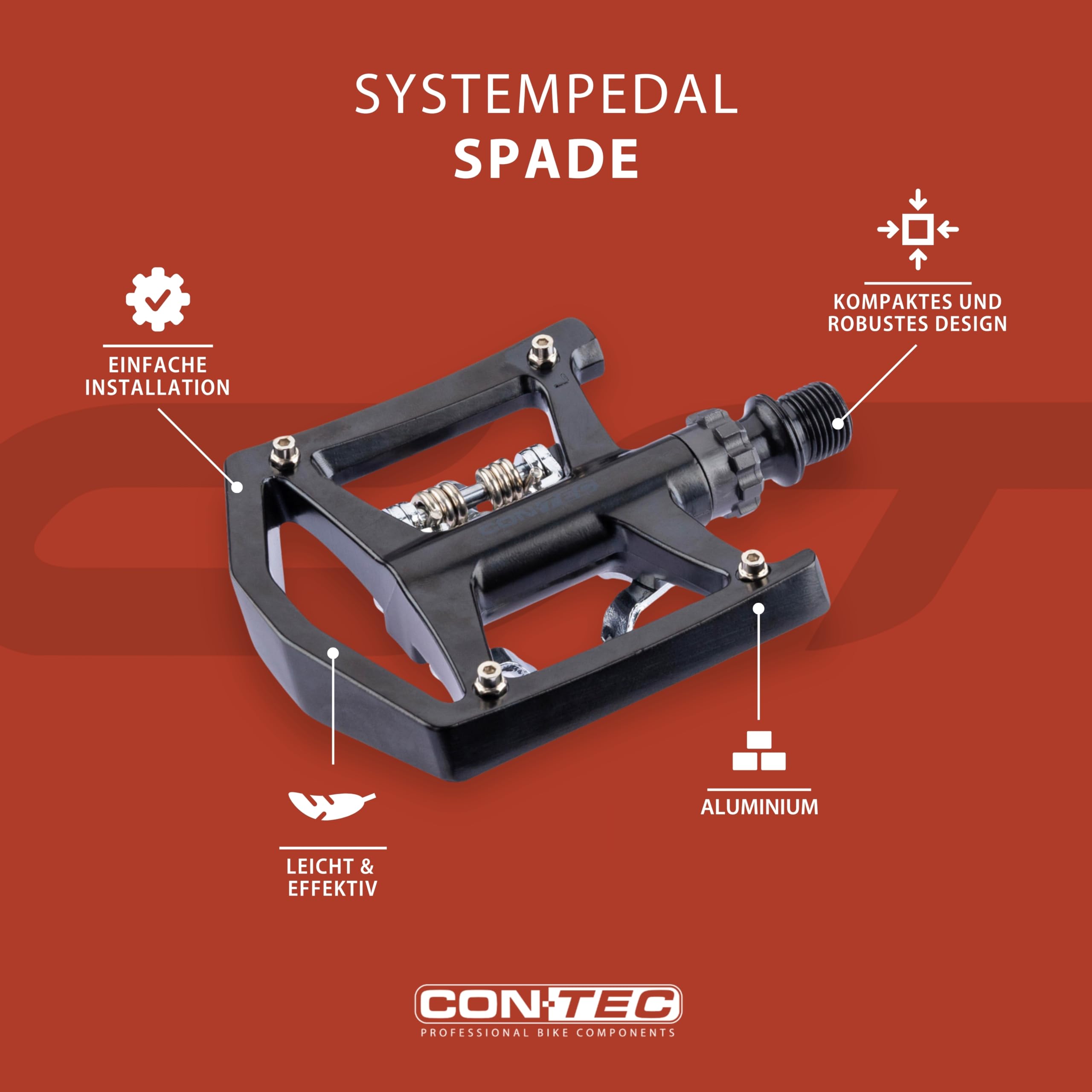 CONTEC Fahrrad-Systempedale Spade, 9/16", Aluminium, kompakt, MTB-Klickpedal mit SPD-System, Flexibel Einstellbar, Robuste Qualität, Schwarz, Paar