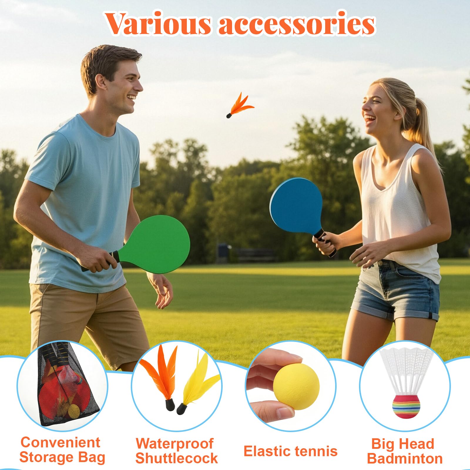 Beach Ball Spiel Set, Draußen Kinder Beachball Set with 2 Schläger, 6 Federbälle, 2 Haltbare Plastikbälle, 1 Tasche, Strandball Schlägerset Sommer Paddleball Spielset für Party