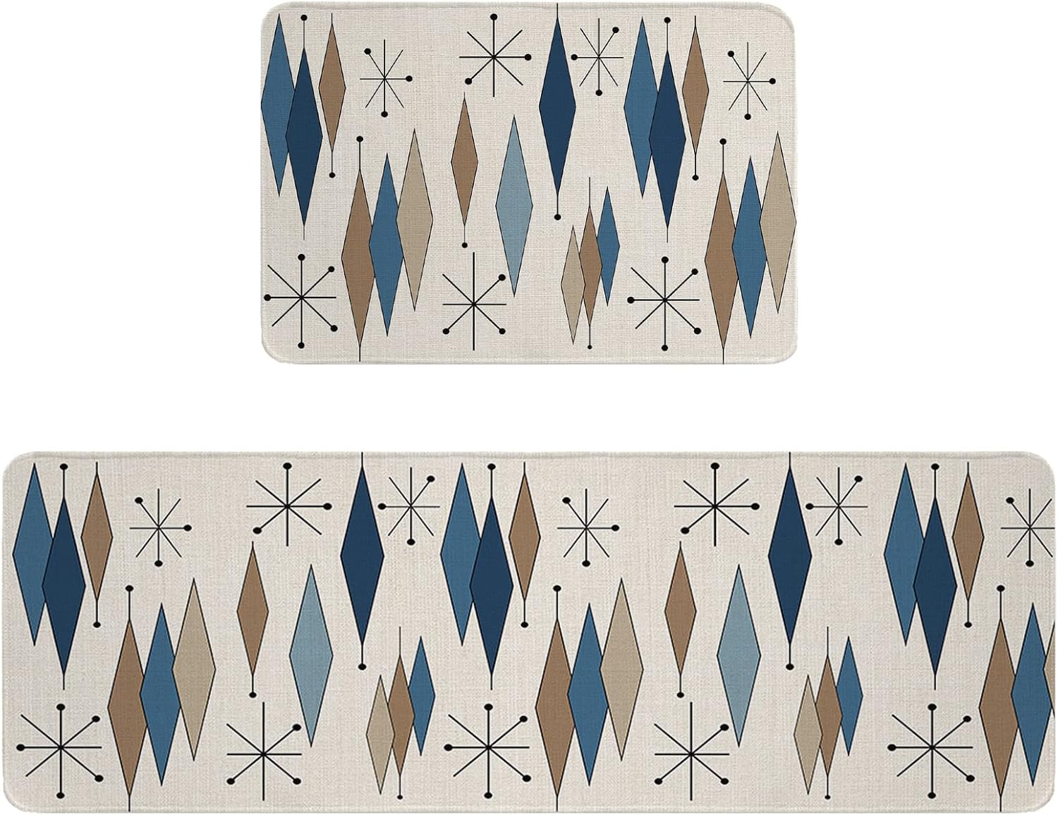 Kitchen Rugs Set of 2 Retro Mid-Century Geometry Blue Brown Grey Diamond Geometry Runner Rug,Non-Slip Kitchen Floor Mat,Durable Carpets for Kitchen,Laundry,Bedroom 15.7x23.6+15.7x47.2in