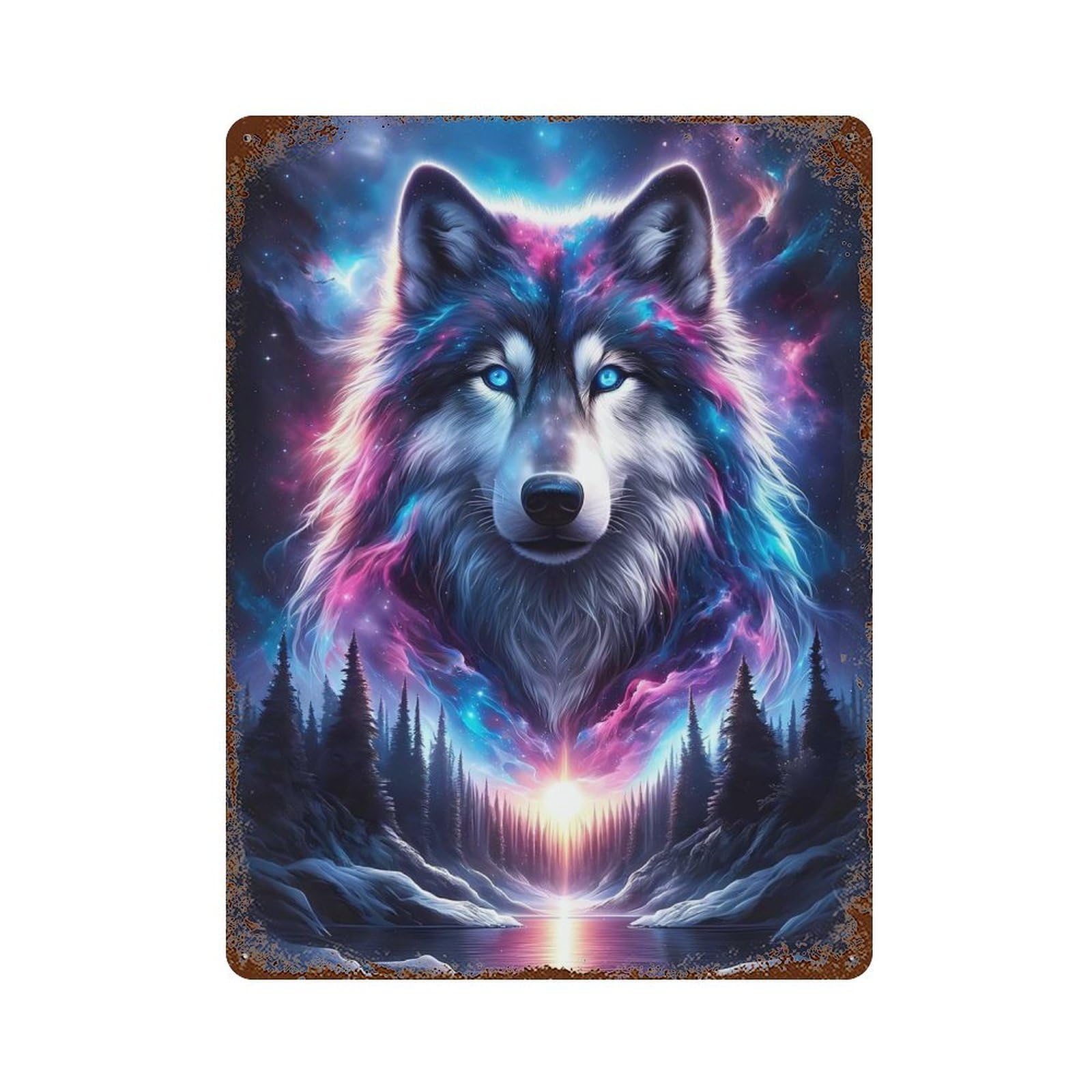 Cosmic Wolf Aged Metal Wall Plaque 15.7"x11.8", Ideal for Patio, Garden Room And Bar Decor