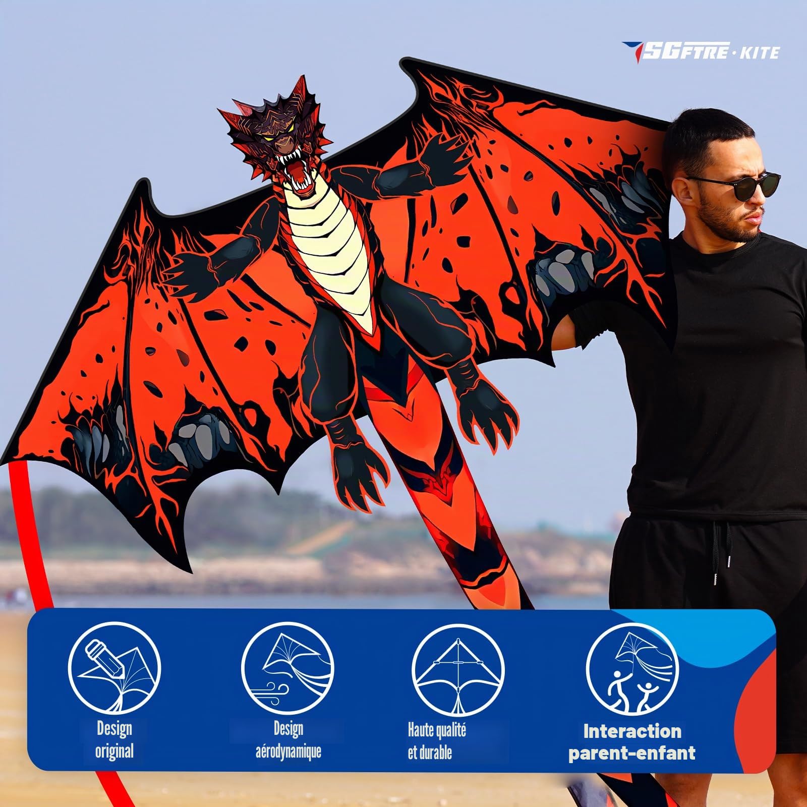 SGftre Cerf-volant dragon maléfique rouge pour enfants et adultes, facile à voler, corde à une ligne avec queue pour cerf-volant de plage, cerf-volant pour activités de plein air, fêtes de famille et