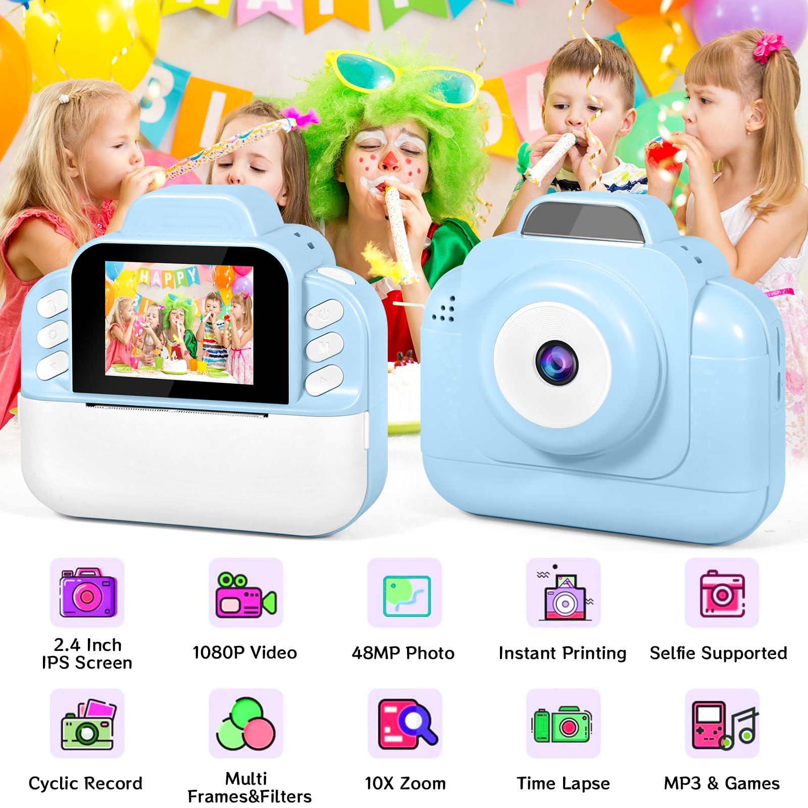 BITIWEND Kindercamera, Printcamera Voor Kinderen, 1080P HD Videocamera Met 24 Inch Scherm Instant Camera Zwart Wit Fotocamera Met 16 Gb Sd Kaart En 3 Rollen Printpapier Cadeau Voor Kinderen