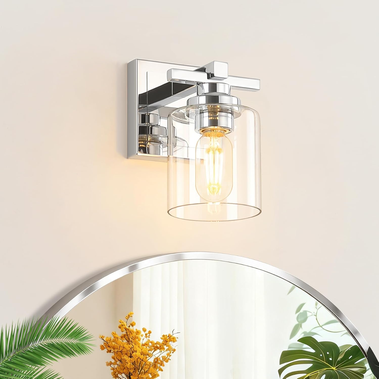 1 Light Modern Bathroom Light Fixtures Over Mirror, Chrome Vanity Lights for Bathroom Wall Sconces with Clear Glass Shades, E26 Socket (Bulbs Not Included)