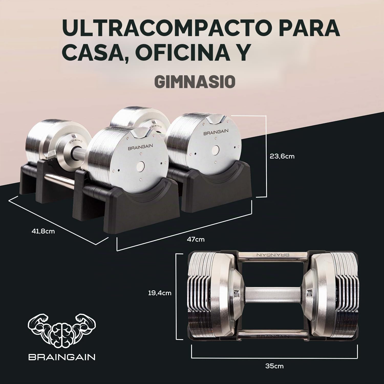 Mancuernas ajustables BRAINGAIN – 23,5 kg, 32,5 kg, 41,5 kg – Cromado – Mancuernas versátiles para el entrenamiento de fuerza en casa, con soporte.