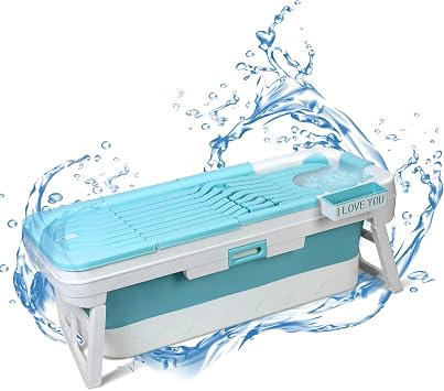 Large Foldable Bathtub, Portable Freestanding Tub for Adults, Blue Plastic Modern Rectangular Freestanding Bathtub