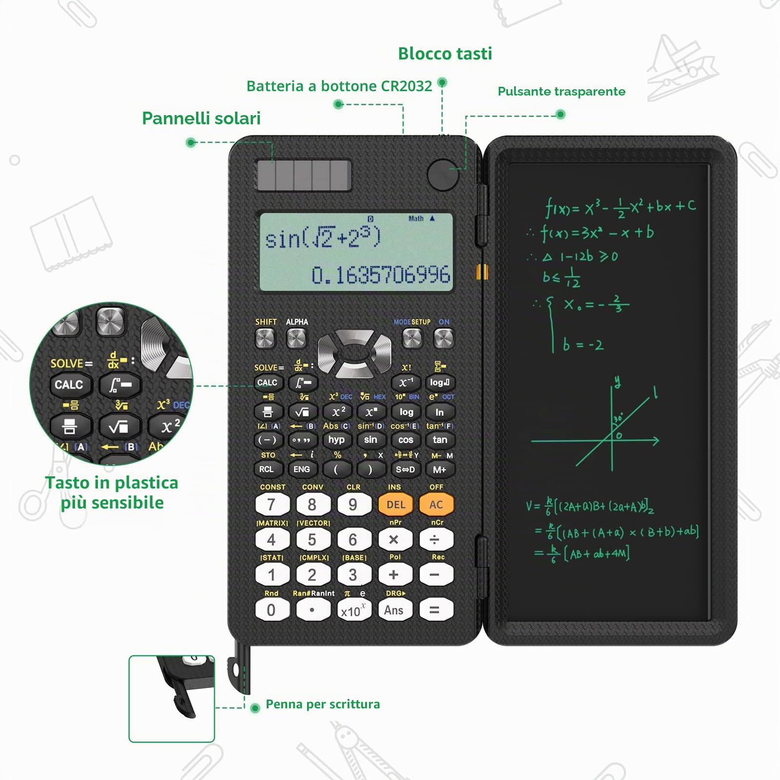 NEWYES 991ES Plus Calcolatrice scientifica con tavoletta da scrittura, 417 funzioni con batteria solare, calcolatrice professionale aggiornata 991ES Plus, blocco note portatile, forniture per il