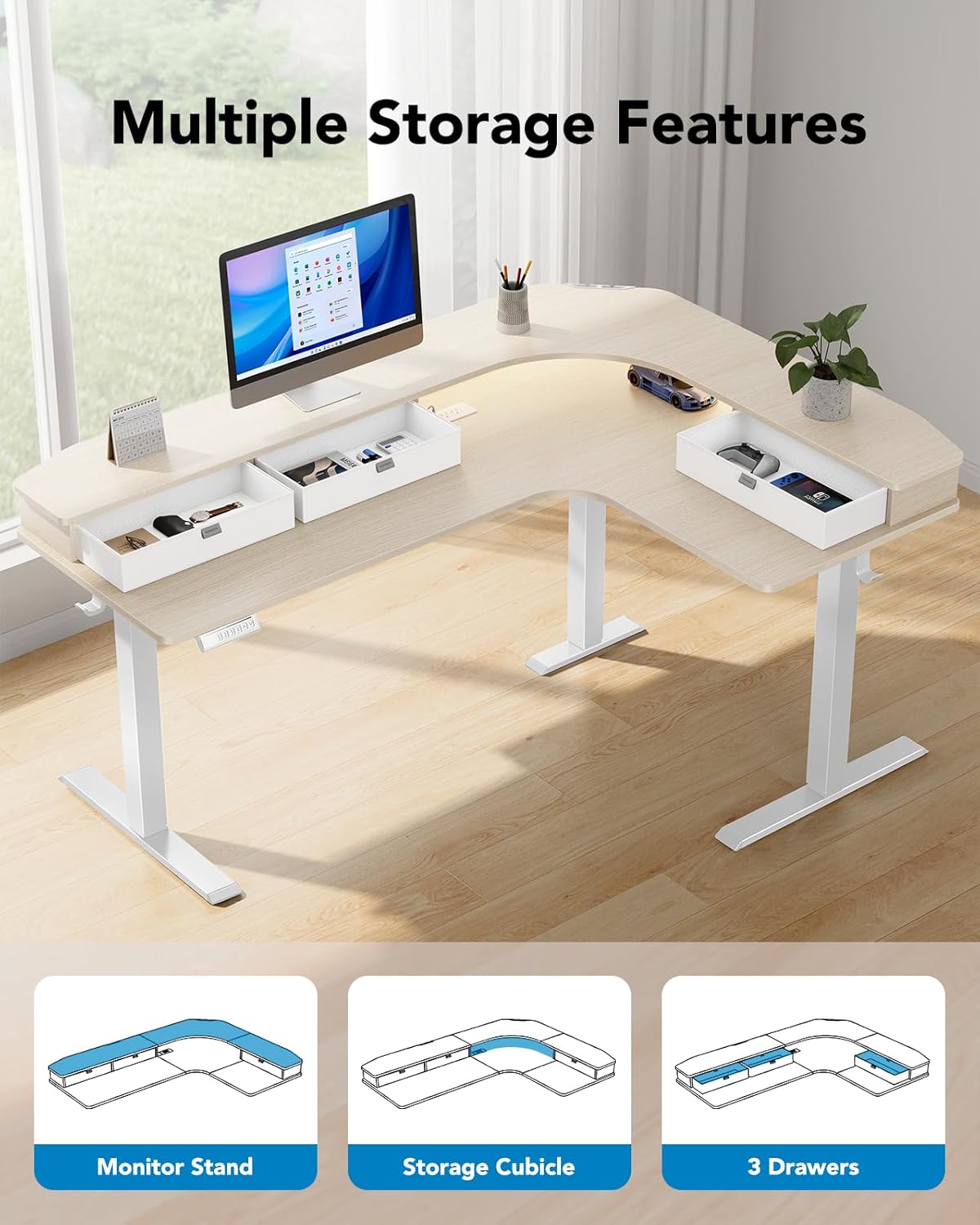 HUANUO 65″ L-Shaped Standing Desk with Power Outlets & LED Strip, Electric Height Adjustable Corner Computer Desk, Sit Stand Up Desk with 3 Drawers, Natural Wood