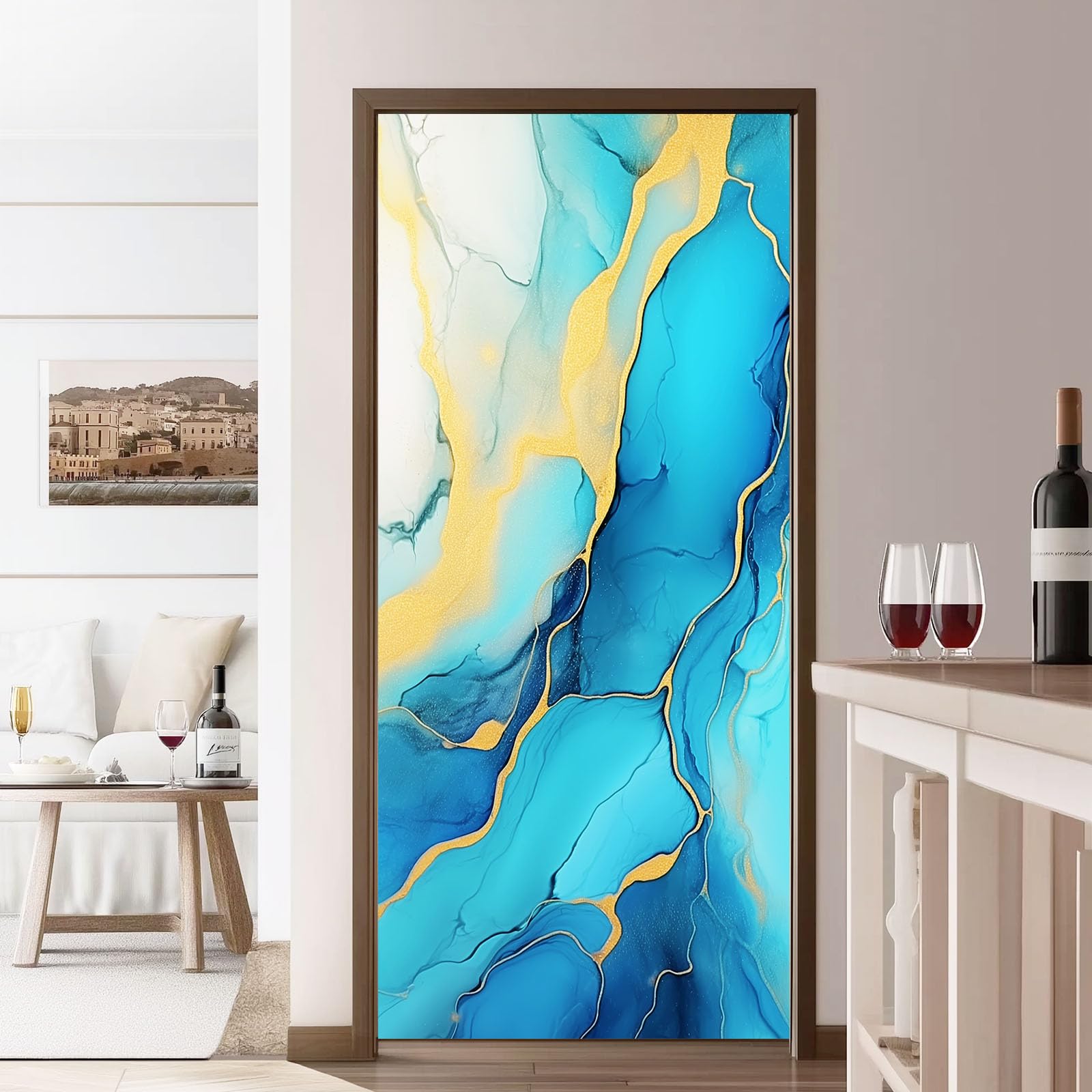 Adesivi 3D per porta con texture astratta in agata, autoadesivo, motivo a vortice ad acquerello, carta da parati rimovibile in vinile per interni, decorazione artistica da parete, impermeabile, blu