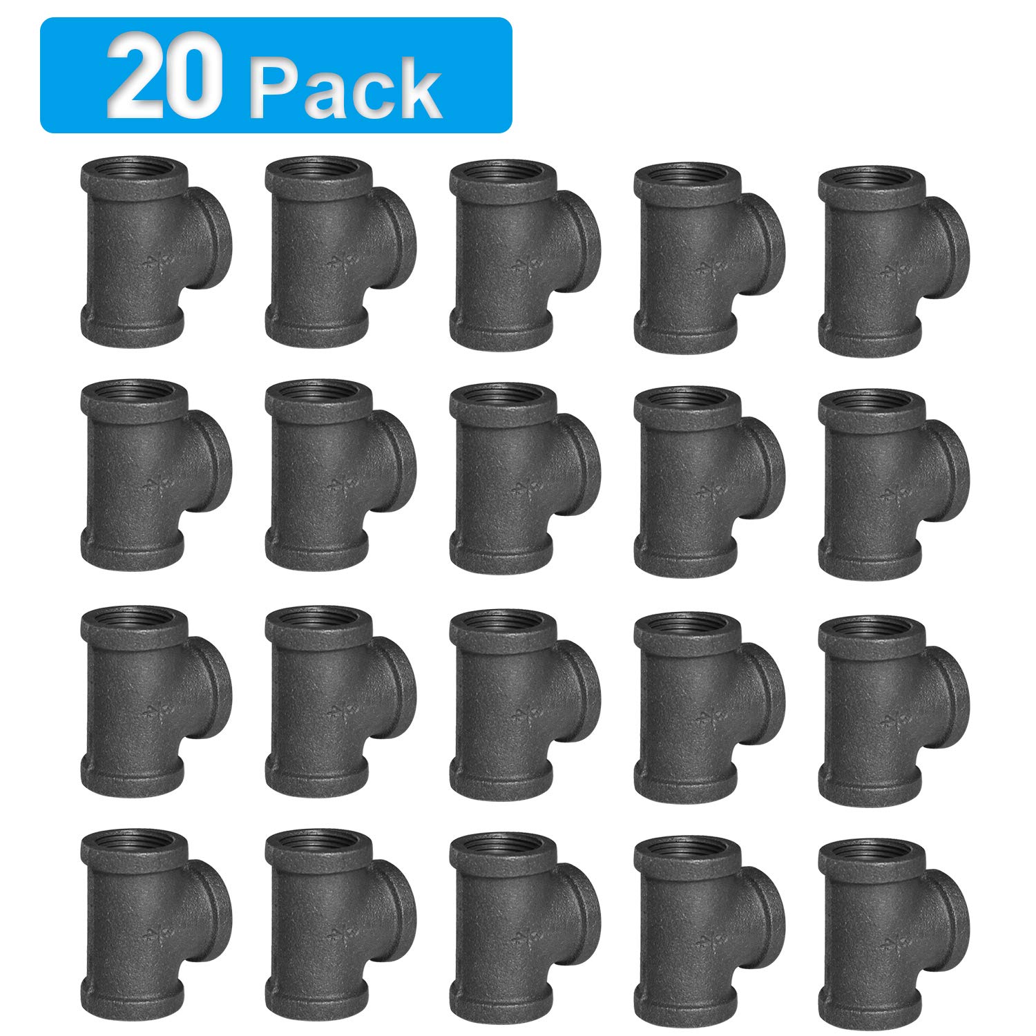 Home TZHHome TZH 1/2" Pipe Fitting Tee, 20 Pack DN15 Gray Threaded Cast Malleable Iron Tee for Steampunk Vintage Shelf Bracket DIY Plumbing Pipe Decor Furniture (20, 1/2")