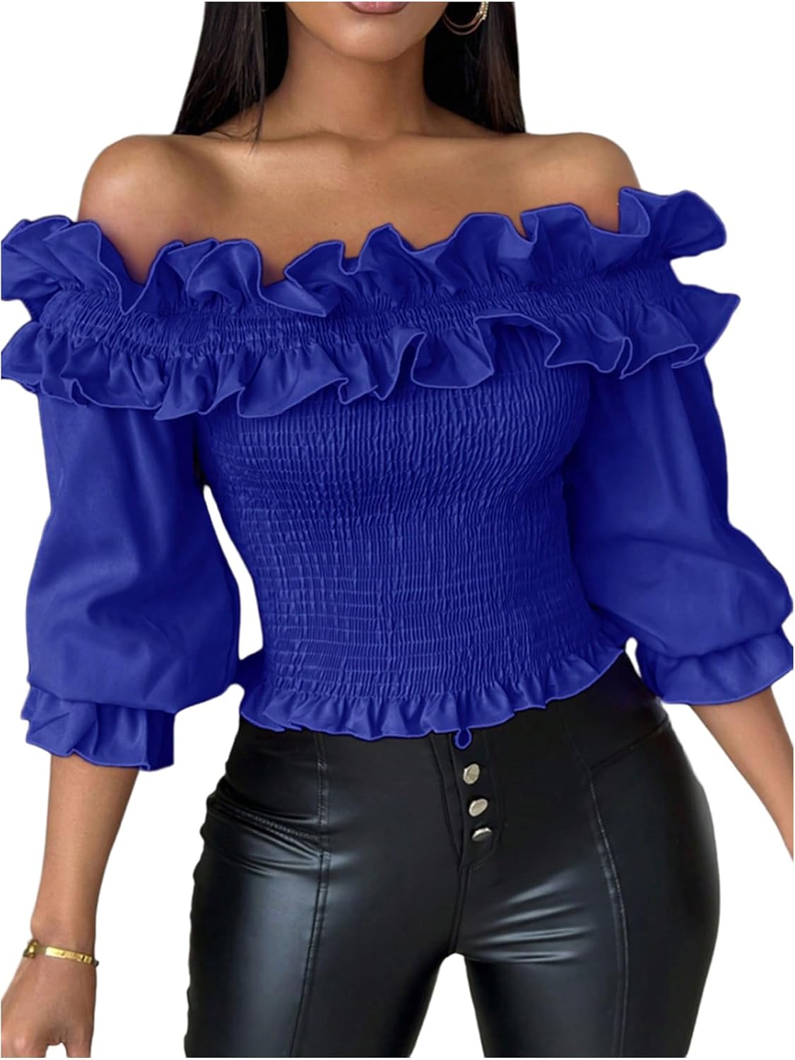 Floerns Women's Ruffle Trim Off Shoulder Flounce Sleeve Shirred Blouse Top Deep Blue