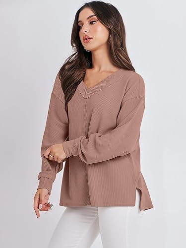 Miniatura 8 de ANRABESS Camisas de manga larga de gran tamaño para mujer, sudadera con hombros descubiertos, holgada, cuello en V, suéter alto y bajo 2025