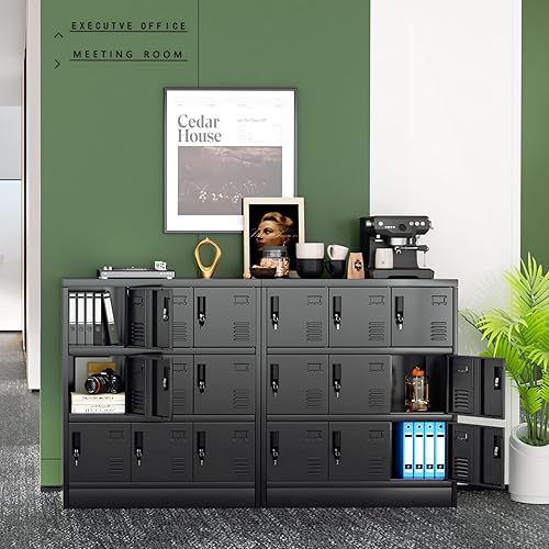 Vista 16 de Greenvelly Armario de almacenamiento de 9 puertas para empleados, casillero de metal para oficina, gimnasio, Shool, casillero de acero negro