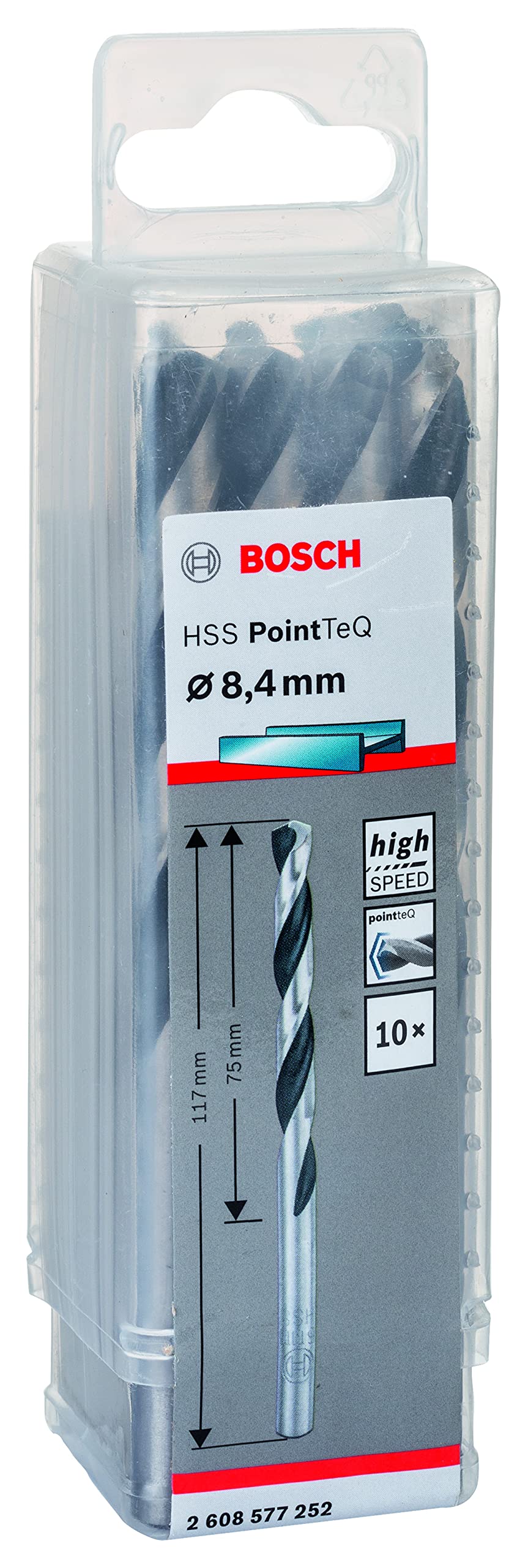 Bosch Accessories 2608577252 HSS PointTeQ (8,4 x 75 x 117 mm) - Set da 10 Pezzi di Punte Elicoidali per Trapano per Metallo, Acciaio, Fusione o Plastica, Grigio (Argento), Ø 8.4 mm 10 pz. Ø 8,4 mm