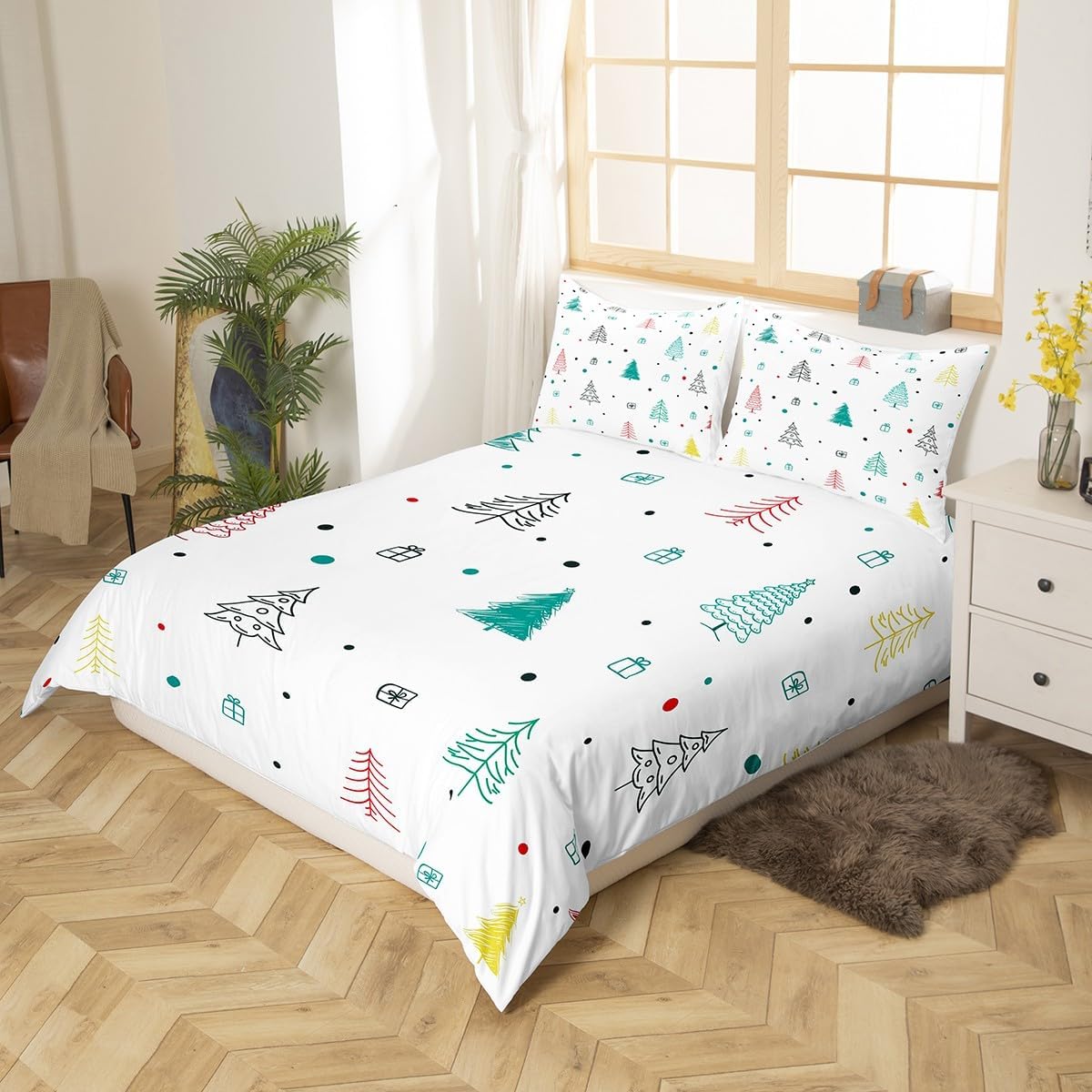 Cartoon Trees Duvet Cover Set Toddler Size,Christmas Trees Bedding Set for Kids Boys Girls Room Decor,Abstract Tree Comforter Cover,Xmas Theme Quilt Cover with 1 Pillowcase(No Comforter)