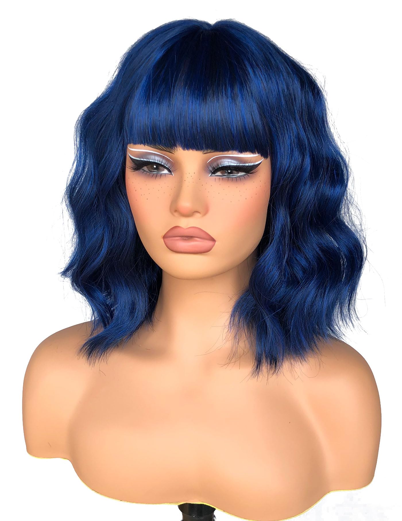 ISAMY Short Bob Wigs With Air Bangs Shoulder Length Women's Wig Bob Curly Wavy Synthetic Cosplay Wig for Girls Daily Use Colorful Wigs (Blue) - Image 3