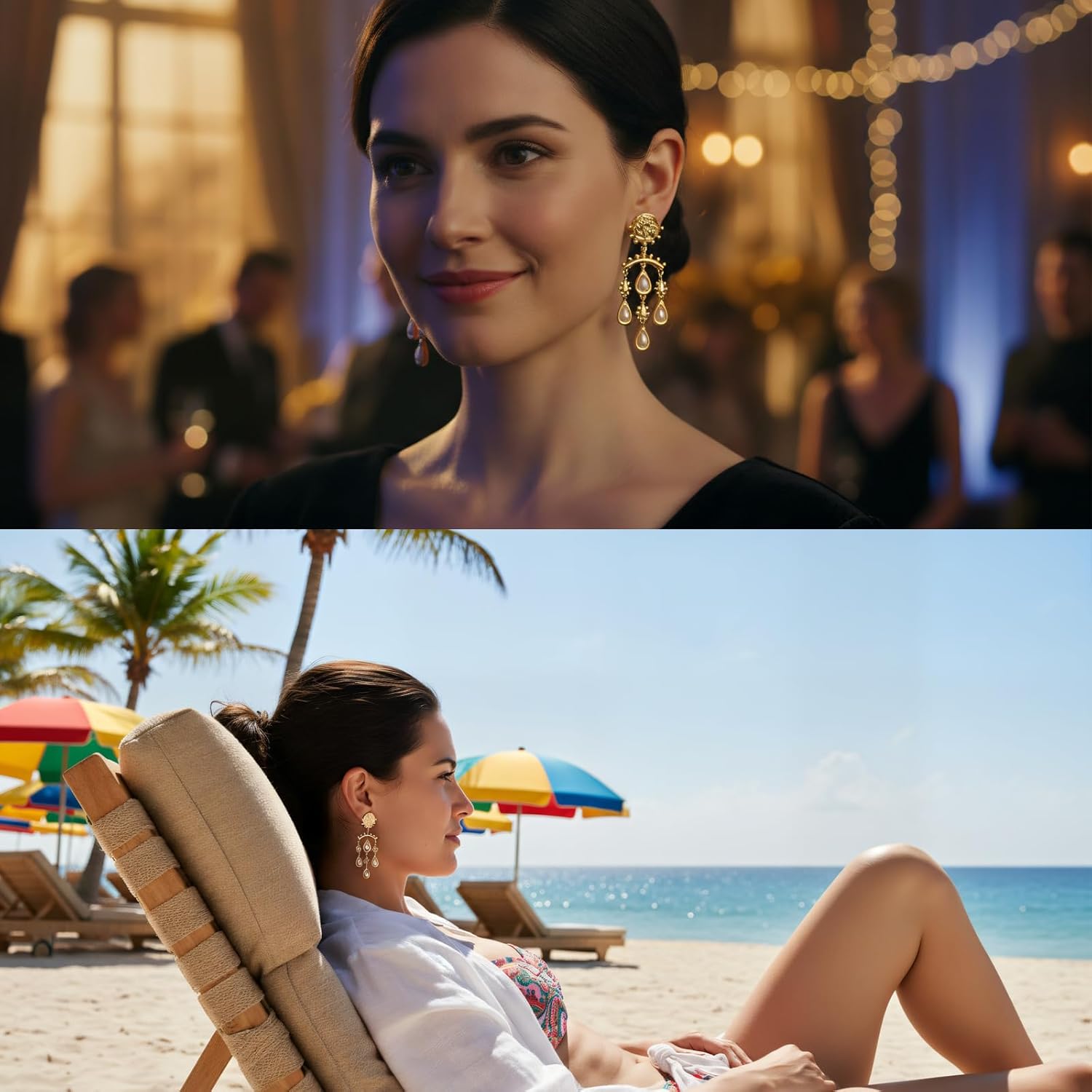 Vintage Pearl Drop Earrings, Gold Plated Chandelier Design with White Pearls, Dangle Statement Jewelry Gift for Women - Image 2