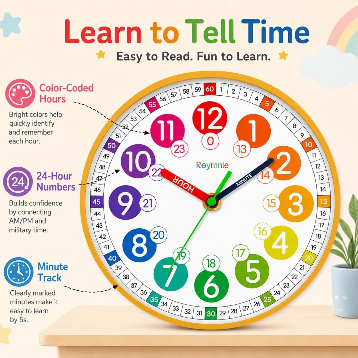 Roymnie Wall Clock Kids Battery Operated Silent Non-Ticking Classroom 8" image 2