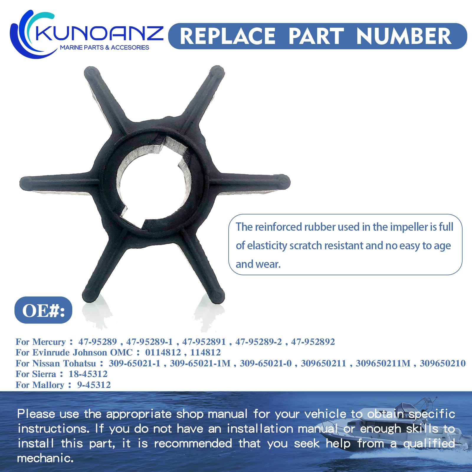 Water Pump Impeller For Mercury Mariner 2.2/2.5/3/3.3HP 47-95289-2 Outboard Boat - Foto 3