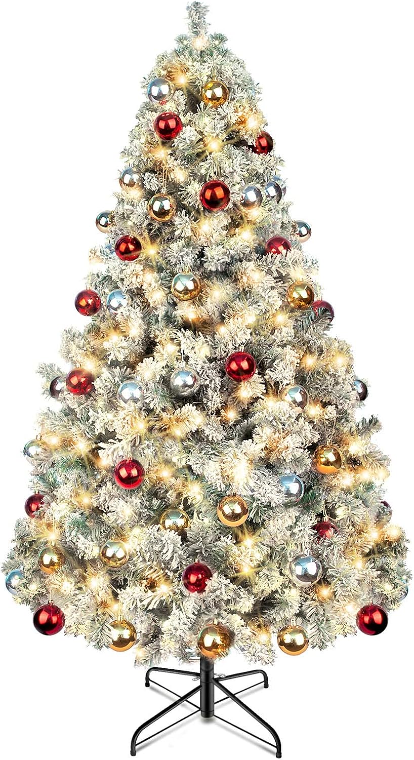 6ft Flocked Christmas Tree Prelit, White Christmas Tree with 350 LEDs Lights and Decorations, Decorated Artificial Snow Xmas Tree with Lifelike Branch for Holiday Decoration