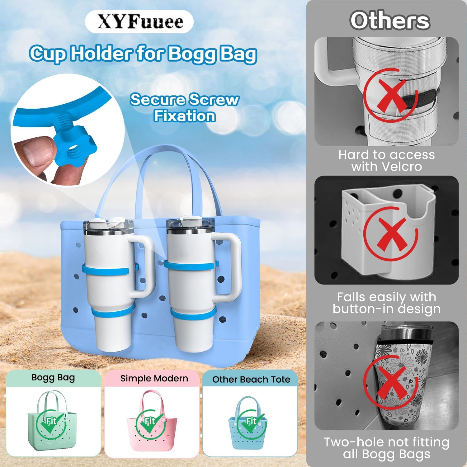 XYFuuee Cup Holder for Stanley 30 40 oz& Topper Tray for Bogg Bag XL, Must Have Beach Rubber Tote Bag Accessories, Instant Table, Free Your Hand