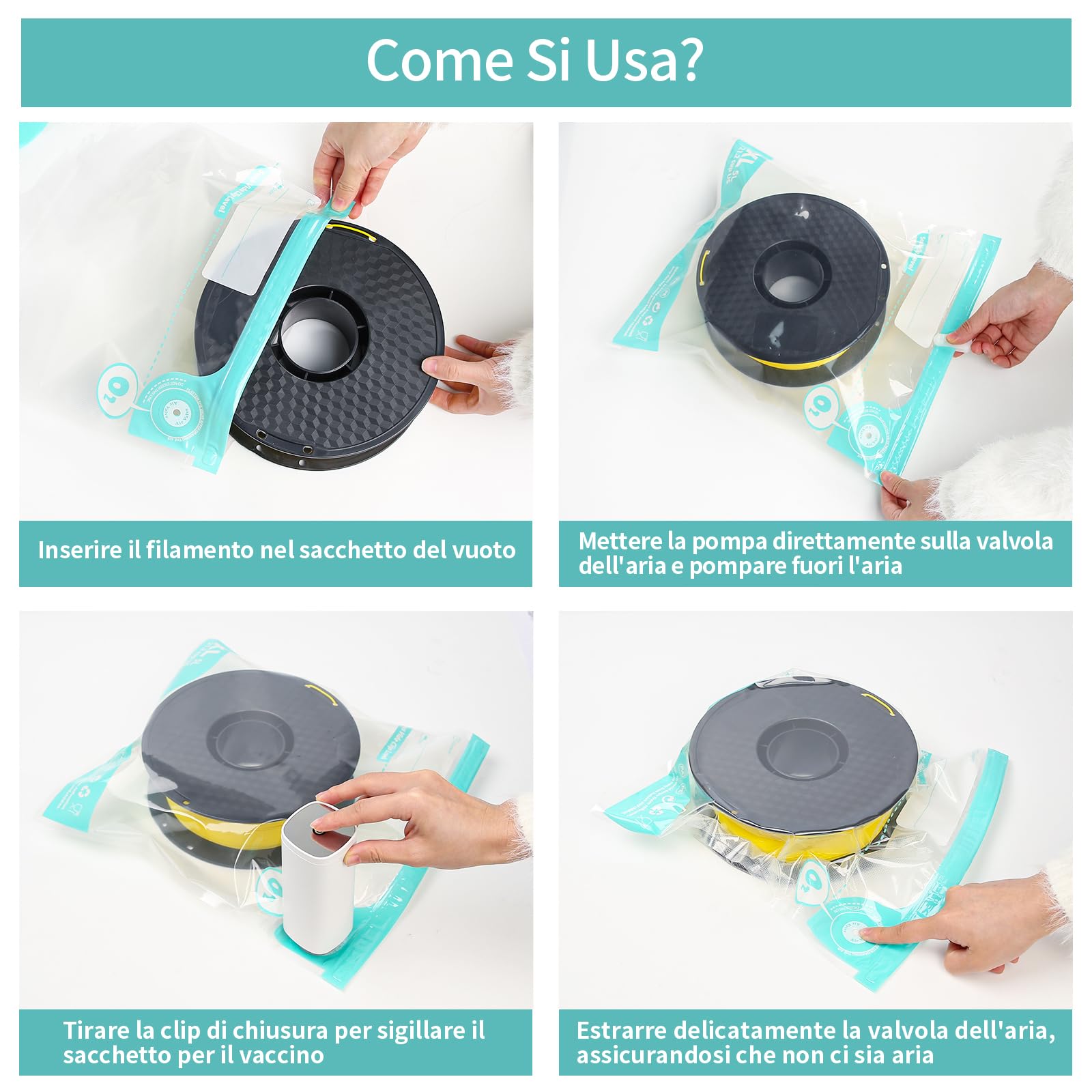 Filamento per Stampante 3D kit di Sacchetti per il Vuoto, 10 Pezzi Addensare Sacchetti Sottovuoto con Pompa Automatica/Pinze, Sacchetti Sigillati Sottovuoto per PLA ABS materiali di consumo
