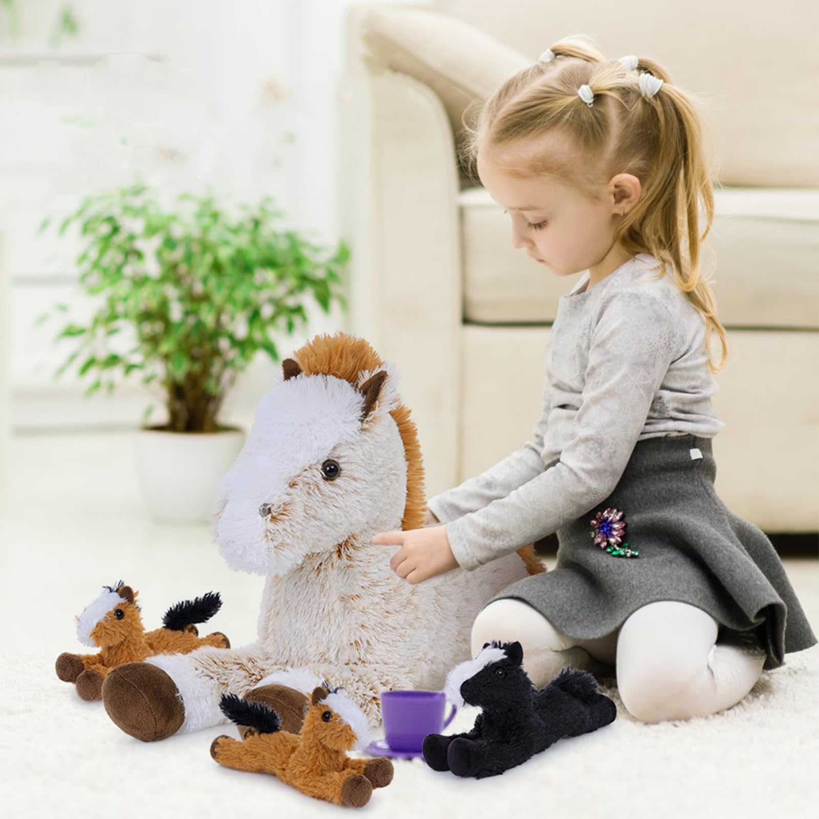 KERTA 4Pcs Horse Stuffed Animal Set, 21inches Large Stuffed Mommy Horse with 4 Babies Pony Toys, Brown Stuffed Pony Plush Pillow for Boys Girls Birthday Easter Gift Decoration 2
