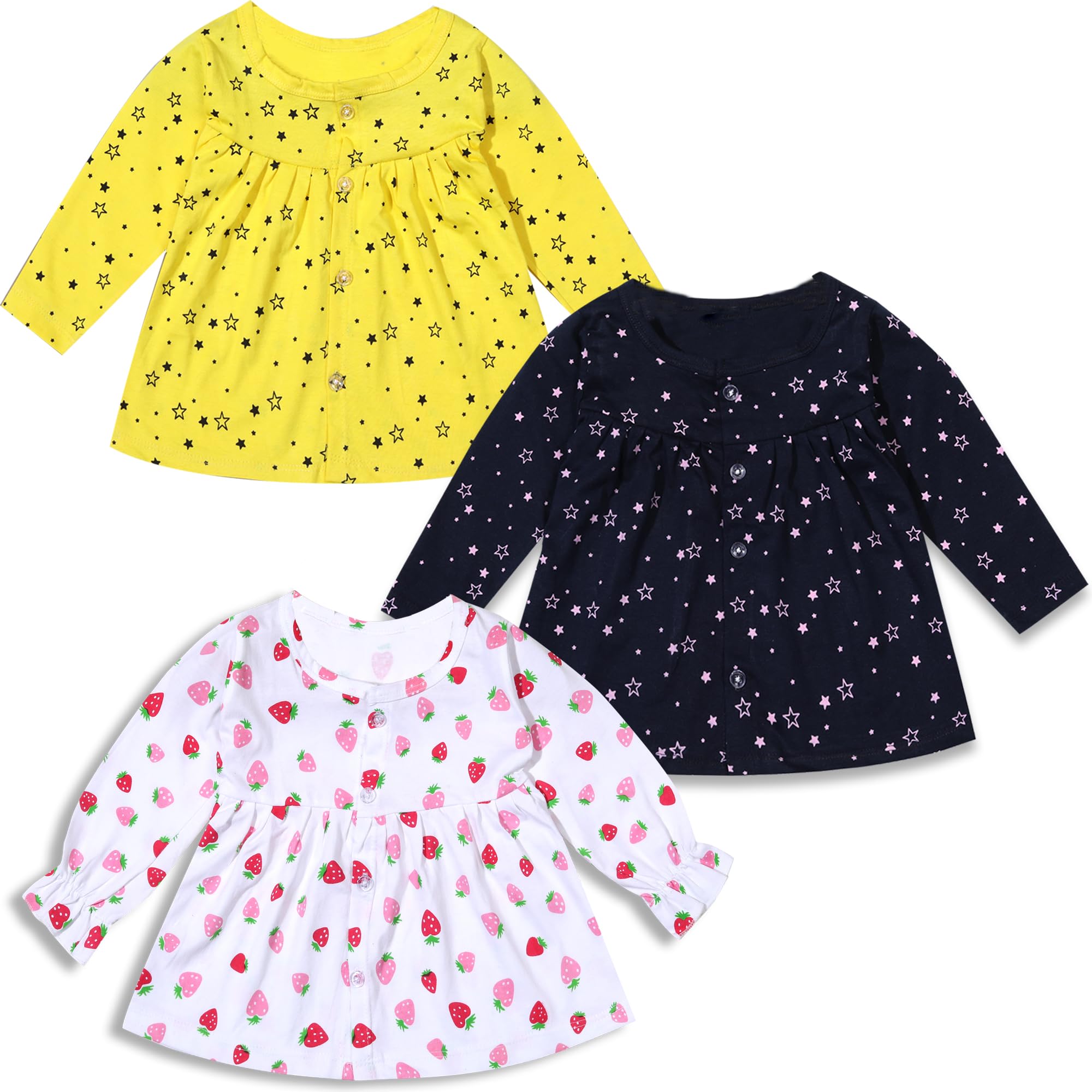 KIDEEZGUILD... Baby girls Knee-Length Fit And Flare Frock (SFFP3001_BLUESTARSTRAWBERRYYSTAR_3 Months-6 Months)