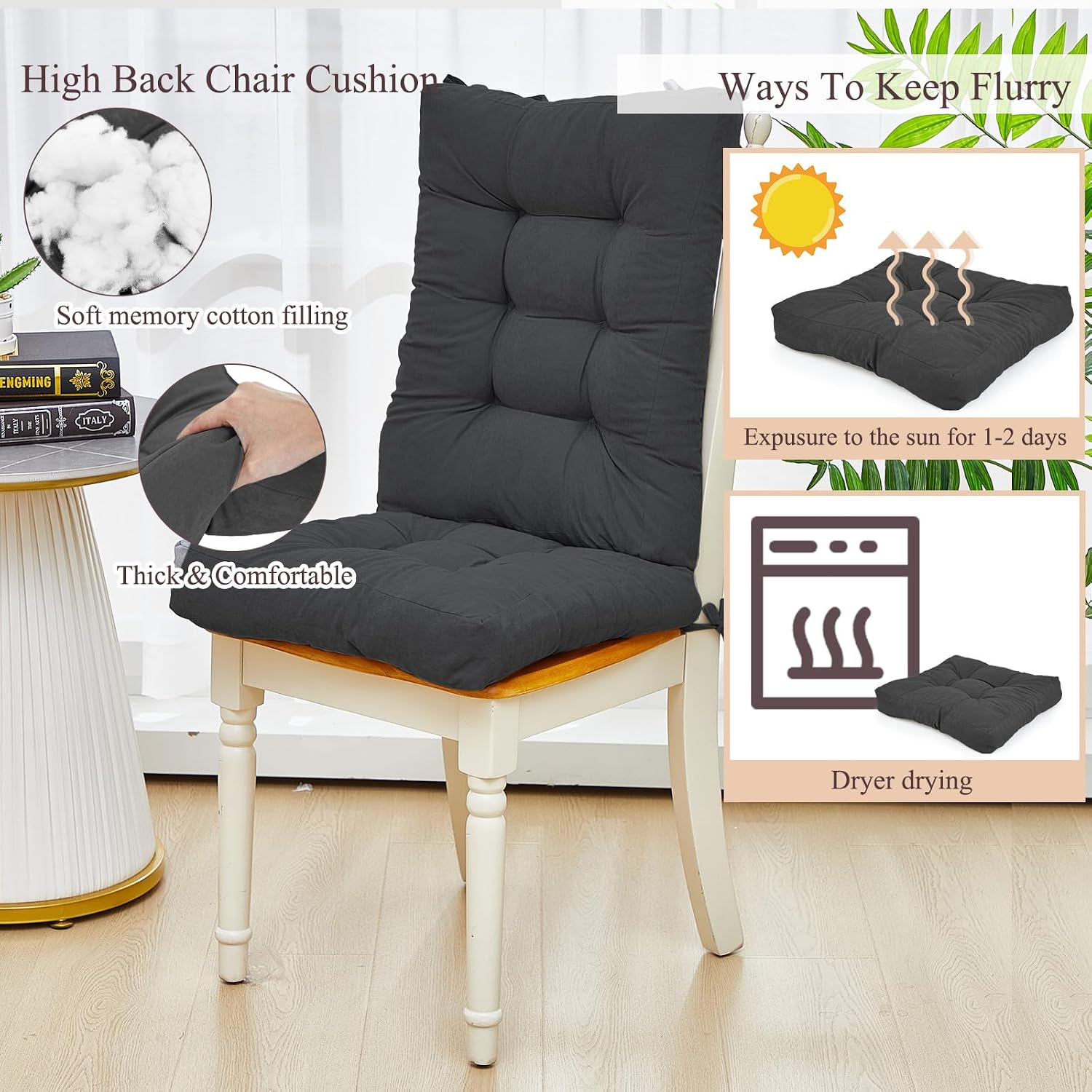 Juexica 4 Sets Outdoor Patio Chair Cushions Seat High Back Tufted Pillow Replacement Rocking Chair Cushions Pads for Patio Summer Seasonal Indoor Home Office (Dark Gray)