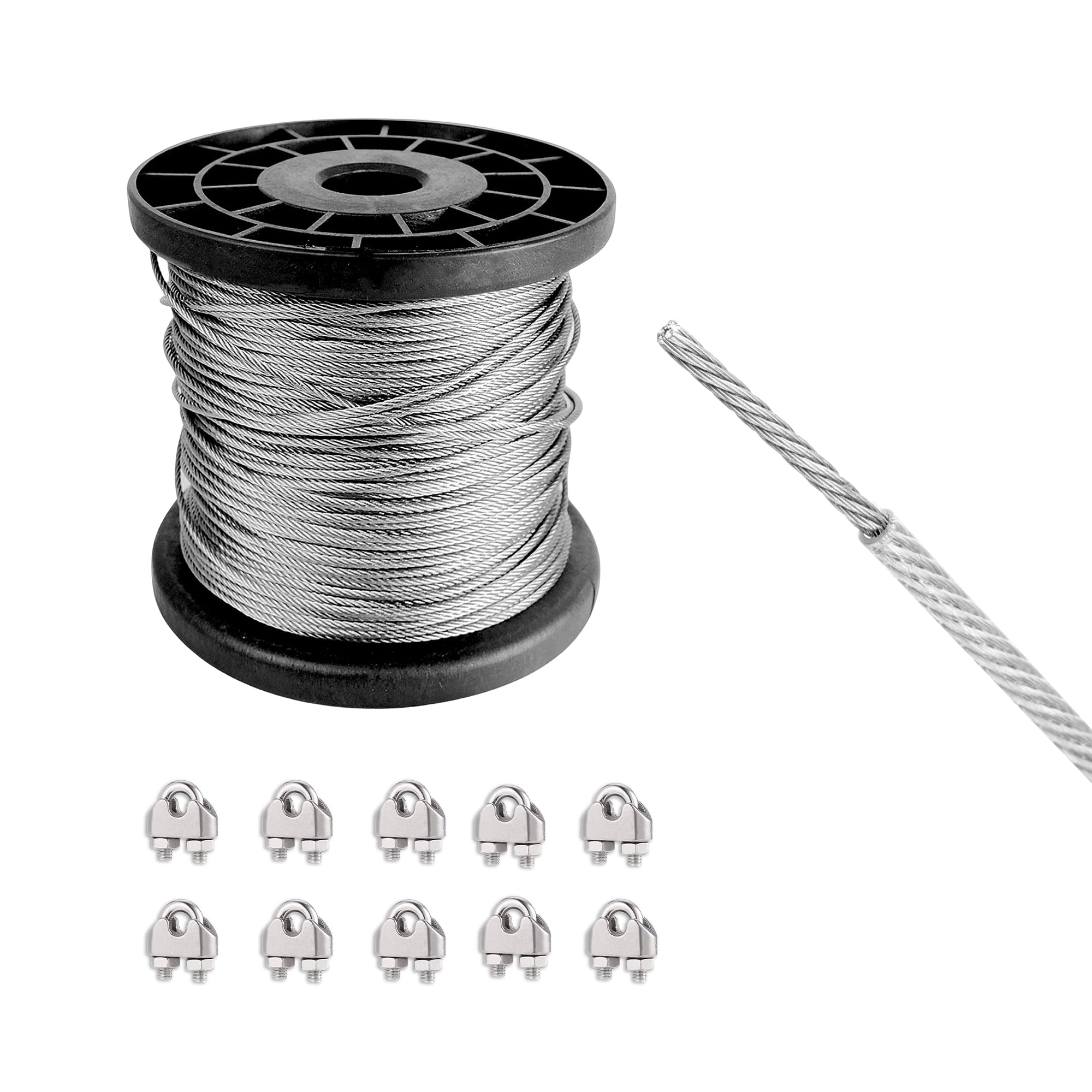 Câble métallique en acier inoxydable de 10 m, 5 mm avec revêtement en PVC, kit de câbles robustes de 7 x 7 brins avec 10 pinces pour jardin, extérieur