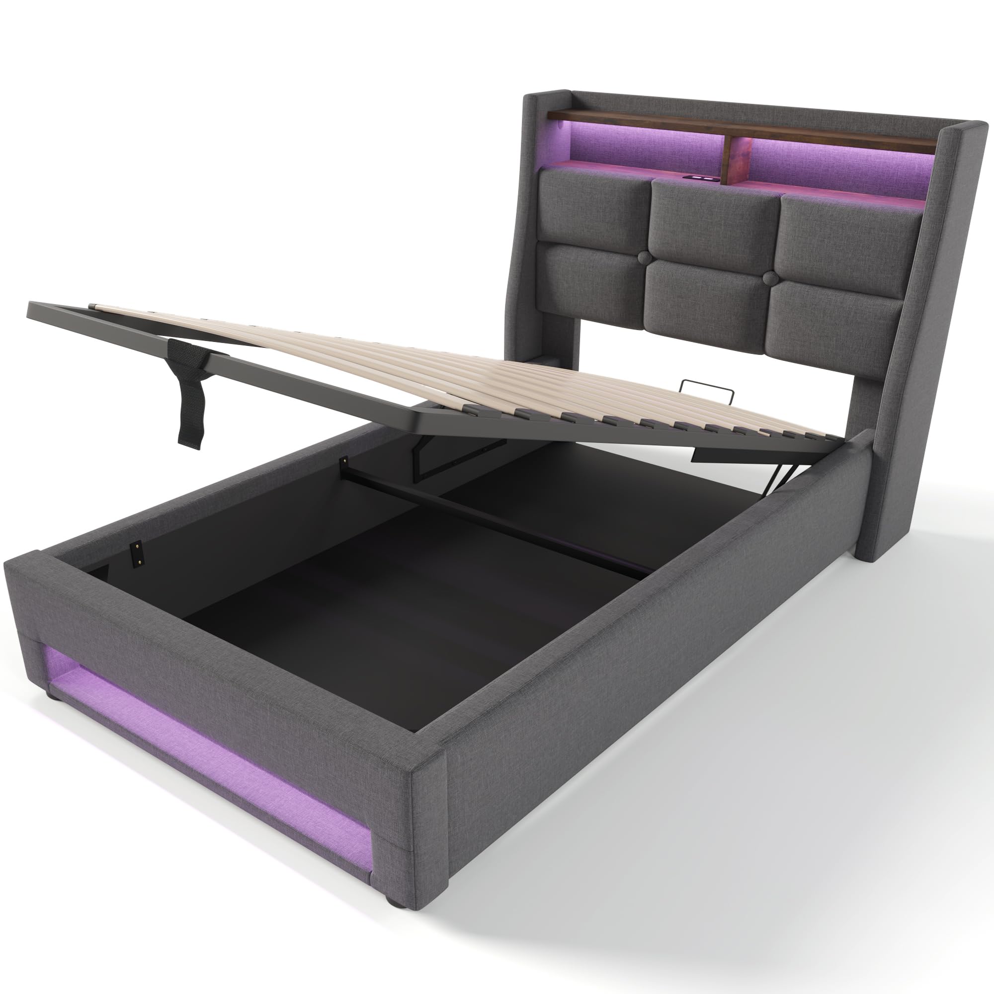 Letto Imbottito Singolo Letto 90x200 cm con Illuminazione a LED e Porta USB, Letto per Bambini con Idraulico Contenitore, Struttura Letti Singoli per Ragazzi, Grigio, Lino, Senza Materasso