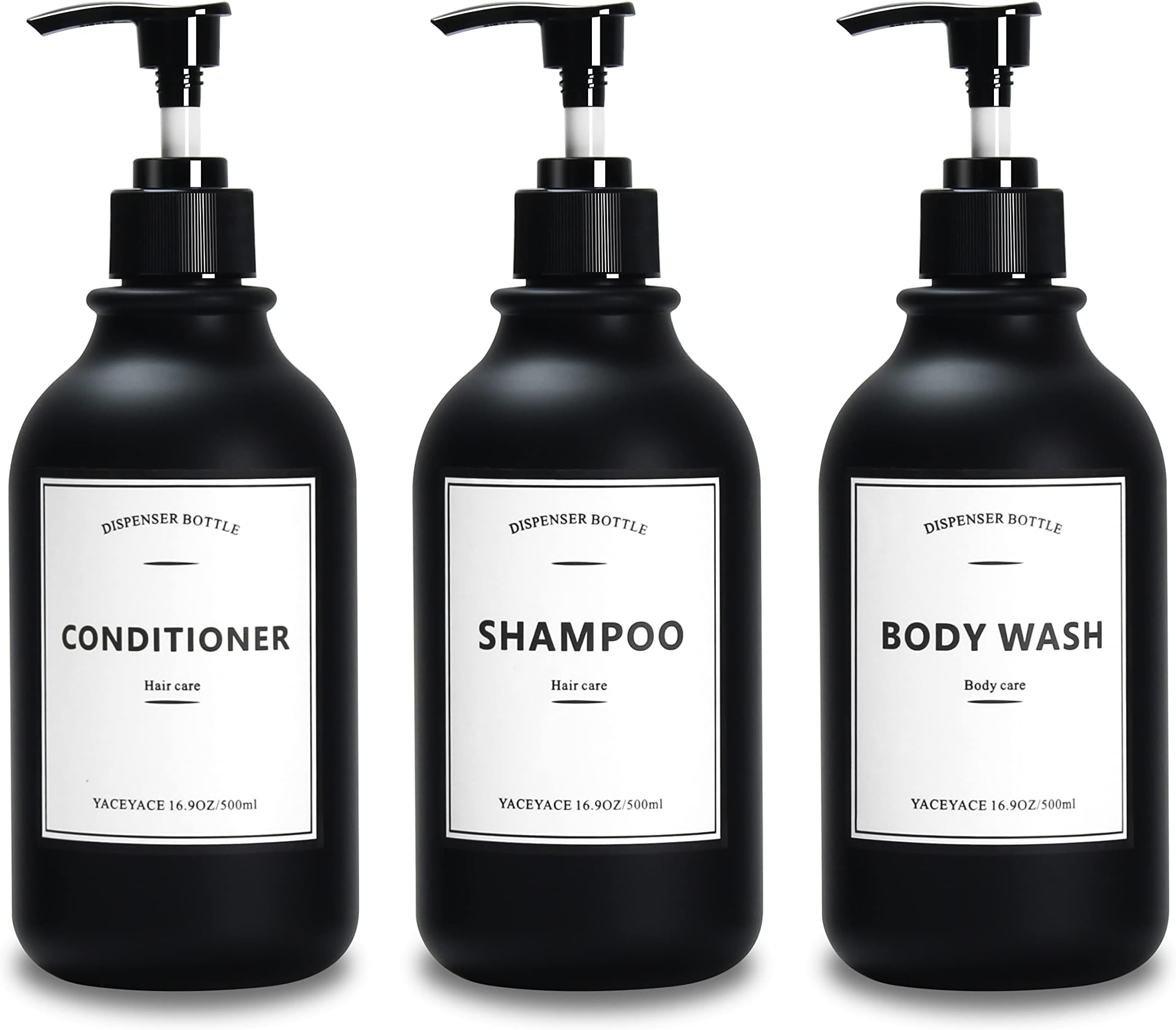 Stijlvolle shampoo en conditioner dispenser set van 3 - moderne 21oz douche zeepflessen met pomp en etiketten - gemakkelijk bij te vullen body wash dispensers voor een instant badkamer decor upgrade