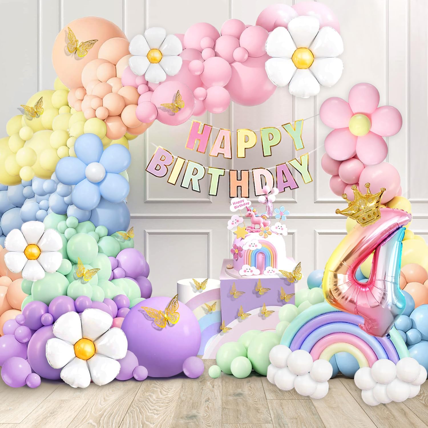 4th Birthday Decorations Girl Pastel, Slmeno 219Pcs Pastel Rainbow Balloon Arch Garland Kit, with Number 4 Balloons,Banner,Cake Toppers,12 3D Butterfly for 4 Year Old Girl Birthday Easter Party Decor