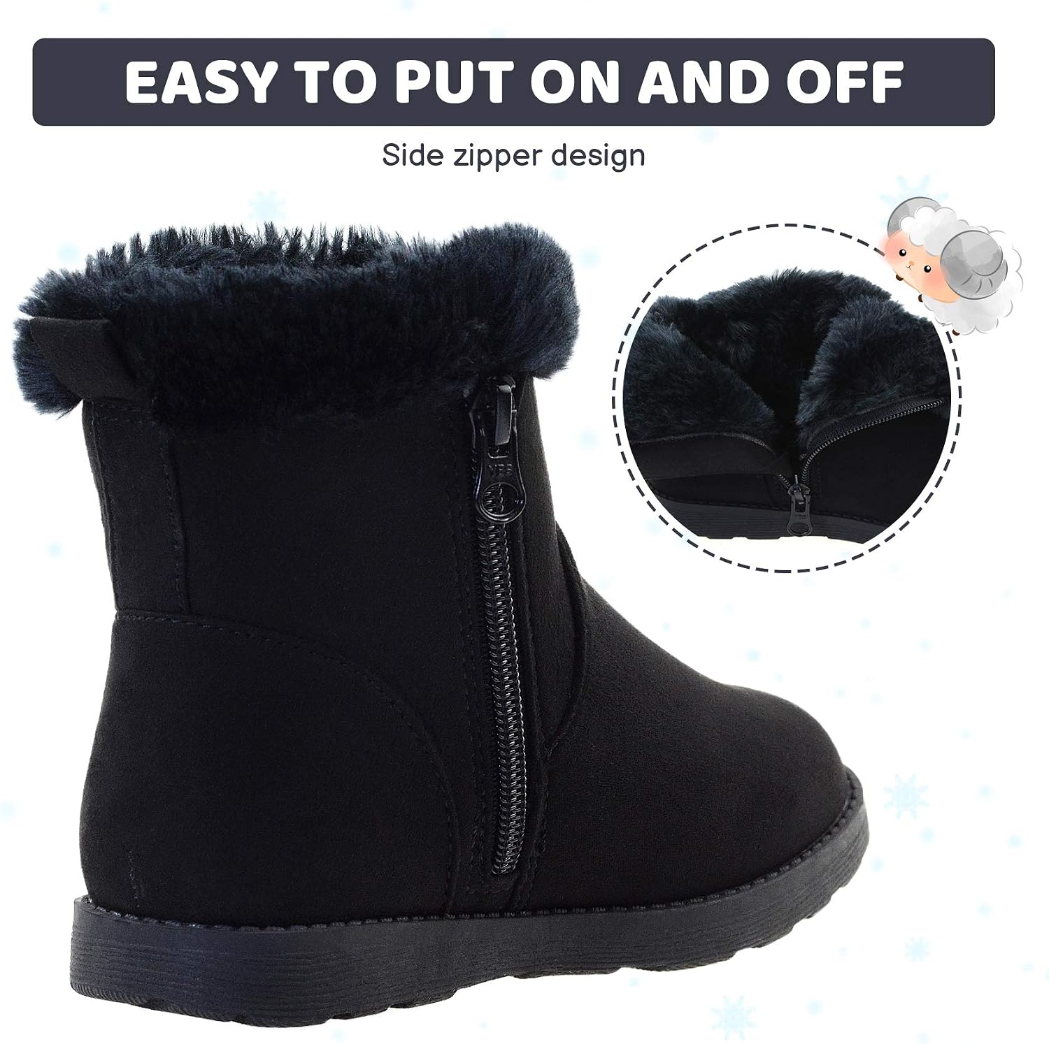 Condition photo showing New/Like New for vonair girls fuzzy warm winter short boots with furry faux fur lining bootie shoes for toddler little big kids girls 11 little kid black