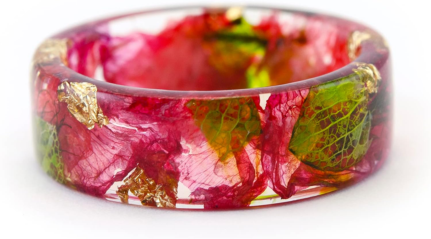 Nature Inspired Resin Ring with Pink Orchid, Moss, Red Skeletal Leaf. Engagement Ring for lovers.