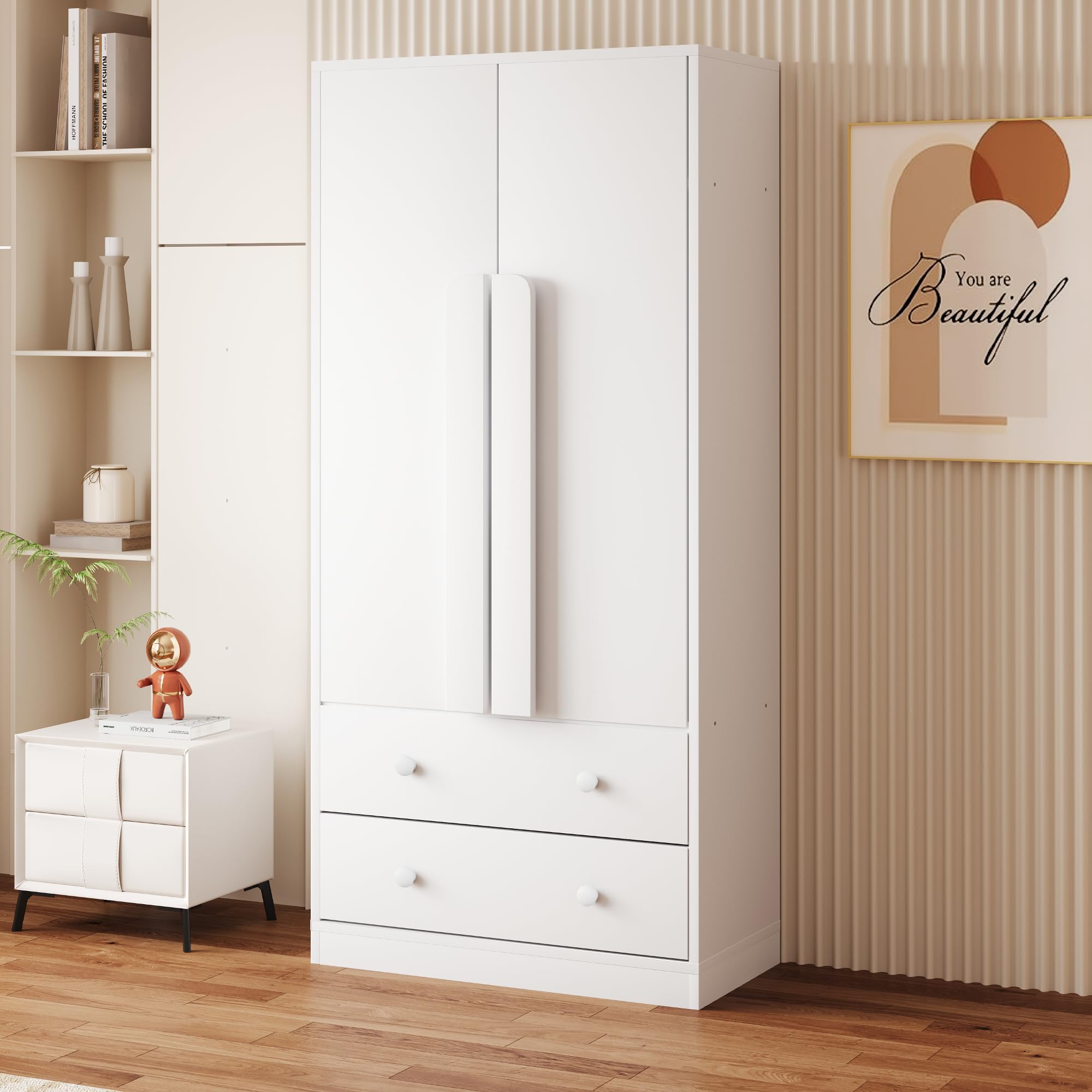 Armario de 70 x 40 x 170 cm, diseño de puertas dobles, con cajones y estantes (blanco)