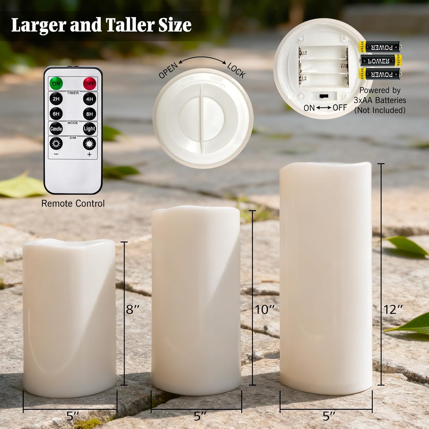 8" 10" 12" x 5" Extra Large Waterproof Outdoor Flameless Candles Battery Operated LED Pillar Candles for Indoor Outdoor Lanterns, Off White, Long Lasting, Set of 3