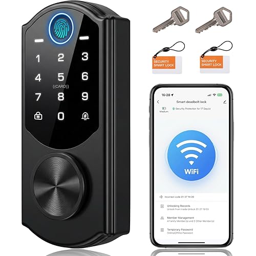 WiFi Smart Lock with Fingerprint, Keyless Entry Door Lock for Front Door, Built-in WiFi, Touchscreen Keypad Deadbolt, App Remote Control, Auto Lock, Easy Installation