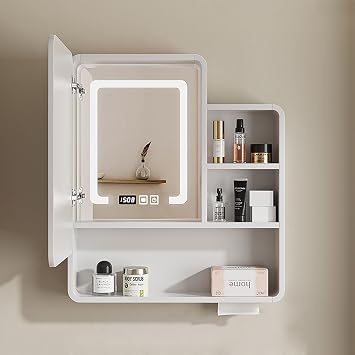 Bathroom medicine cabinet mirror, bathroom mirror with storage, Solid wood Bathroom Mirror Cabinet Wall Mounted, With LED light and Defogging Over The Toilet Storage Cabinet with Doors and ShelvesWhi