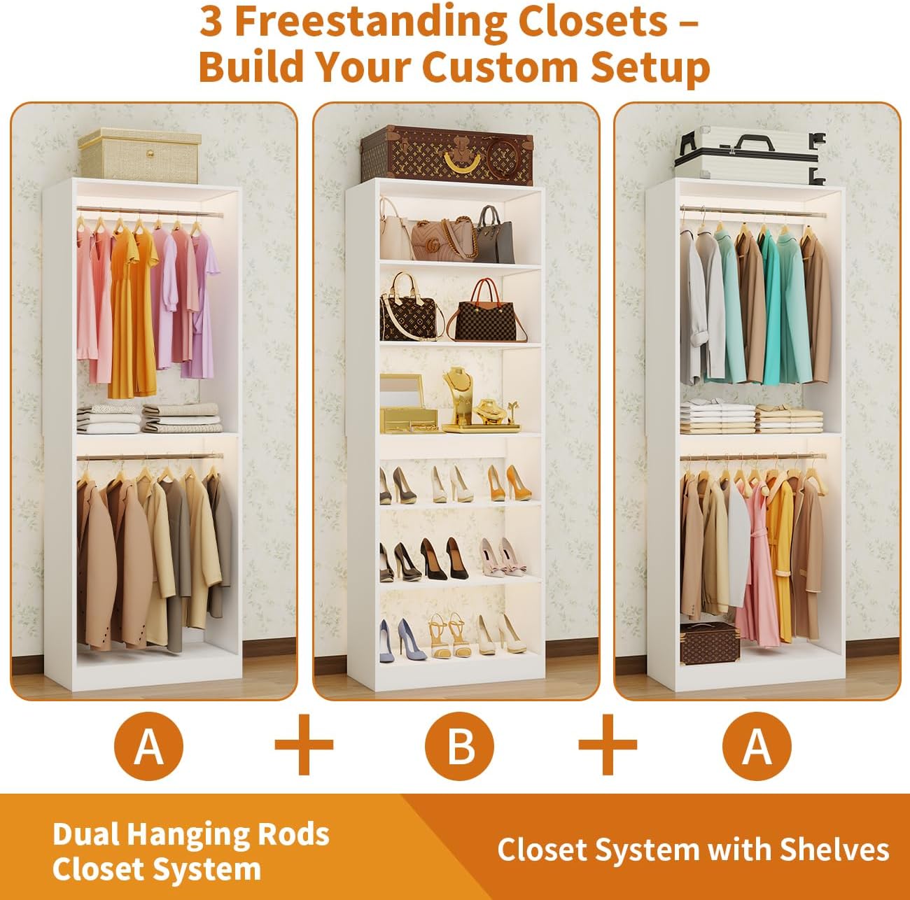 Closet System of 3 Sets, 6FT-15FT Closet Organizer System with 7 Adjustable Hanging Rods& 6 Shelves, Custom Modular Closet Kit, Freestanding Closet Storage System, L-Shaped Walk-in Closet, White
