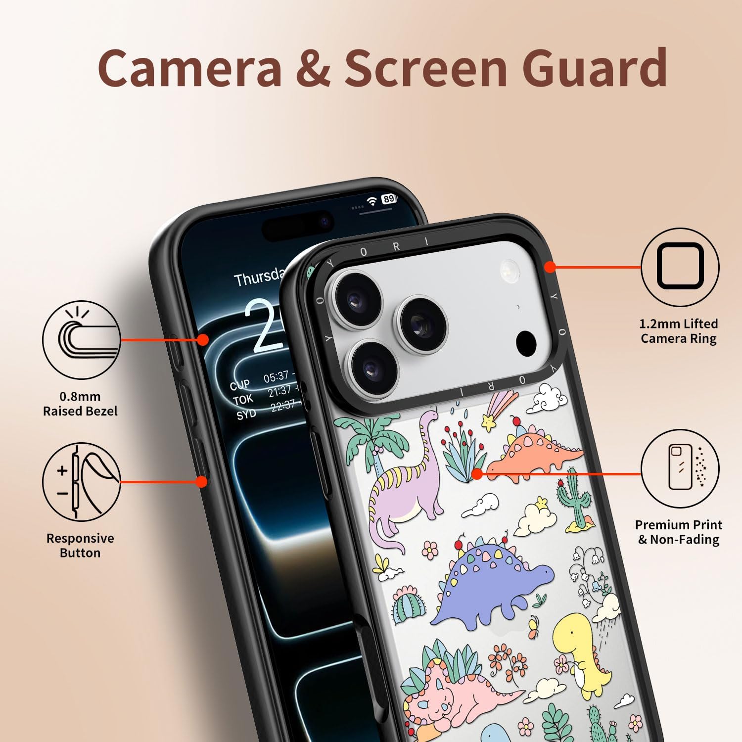 for iPhone 17 Pro Case - [6.6 ft Military-Grade Drop Protection] [Anti-Peel Technology] Clear Black TPU Bumper Case with Cute Design (Cartoon Dinosaur) - Image 5