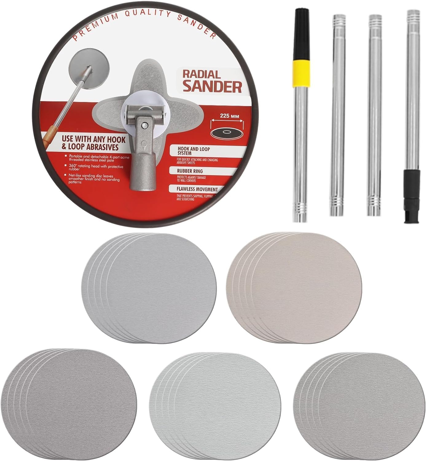 9″ Drywall Sander with Extension Pole for Wall Cleaning and Polishing, 360 Circular Radial Sander + 25pcs Sanding Discs