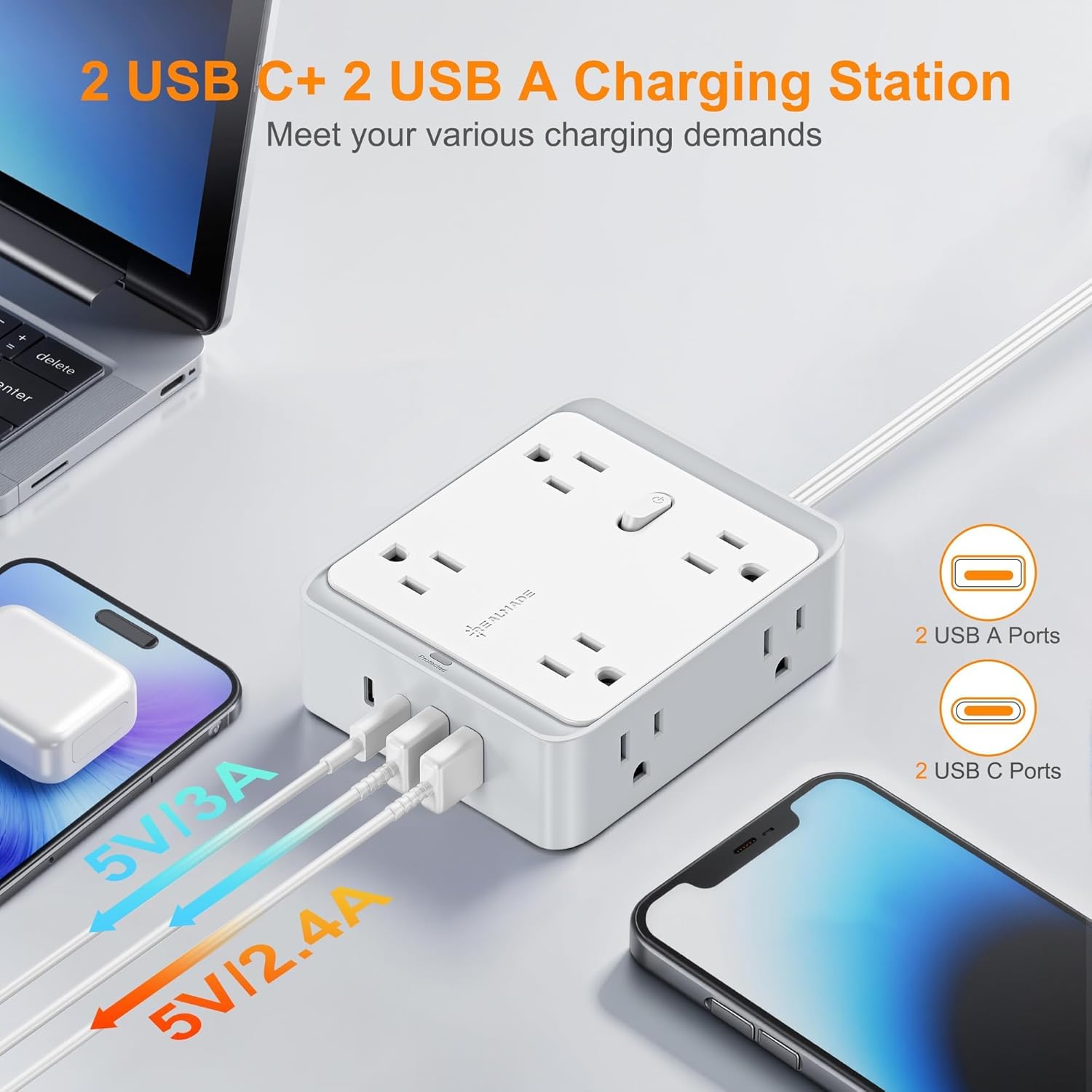 Flat Plug Extension Cord, 12-in-1 Extension Cord with USB Ports with 5Ft Extension Cord, Flat Outlet Extender with 8 AC Outlets 2 USB-A and 2 USB-C, Flat Wall for Desktop Home Office