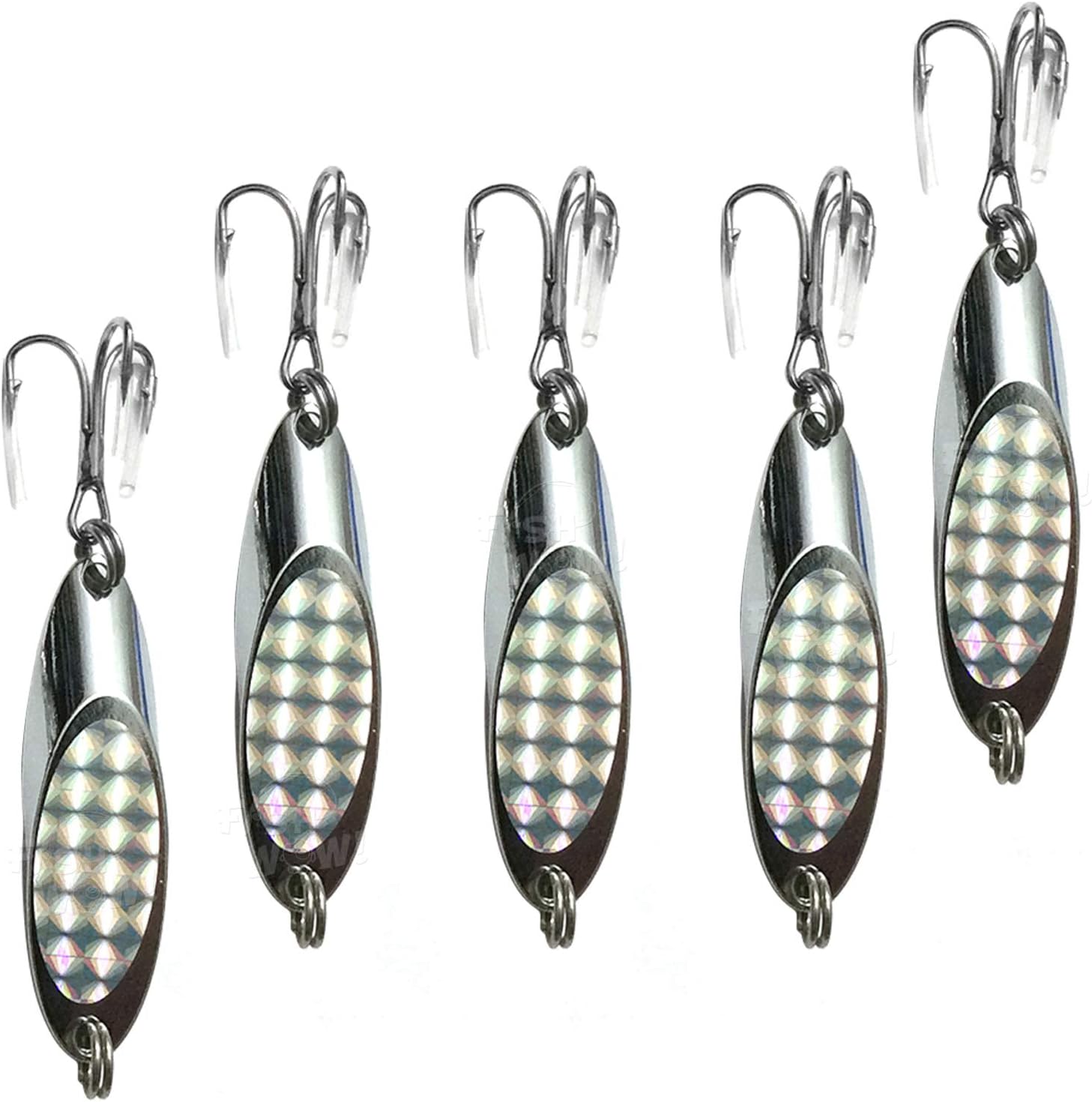 5pcs Fish WOW! 2oz Fishing Kast Spoon with a Treble Hook Fish Chrome Jig Bait Lures Holographic Laser Silver Tape Kast Master Style Champ Spoons