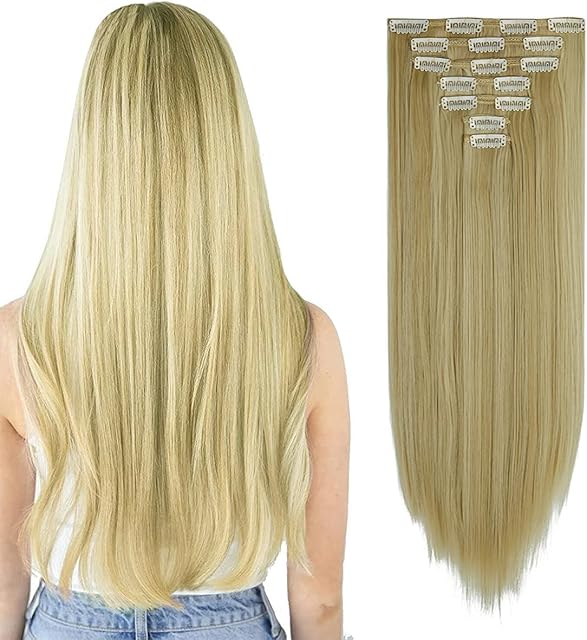 ZAIQUN Clip in Hair Extensions 7Pcs 16 Clips 23 Inch Straight Synthetic Hairpiece Ash Blonde Mix Bleach Blonde Hair Extension Full Head Clip in on Double Weft Hair Extensions